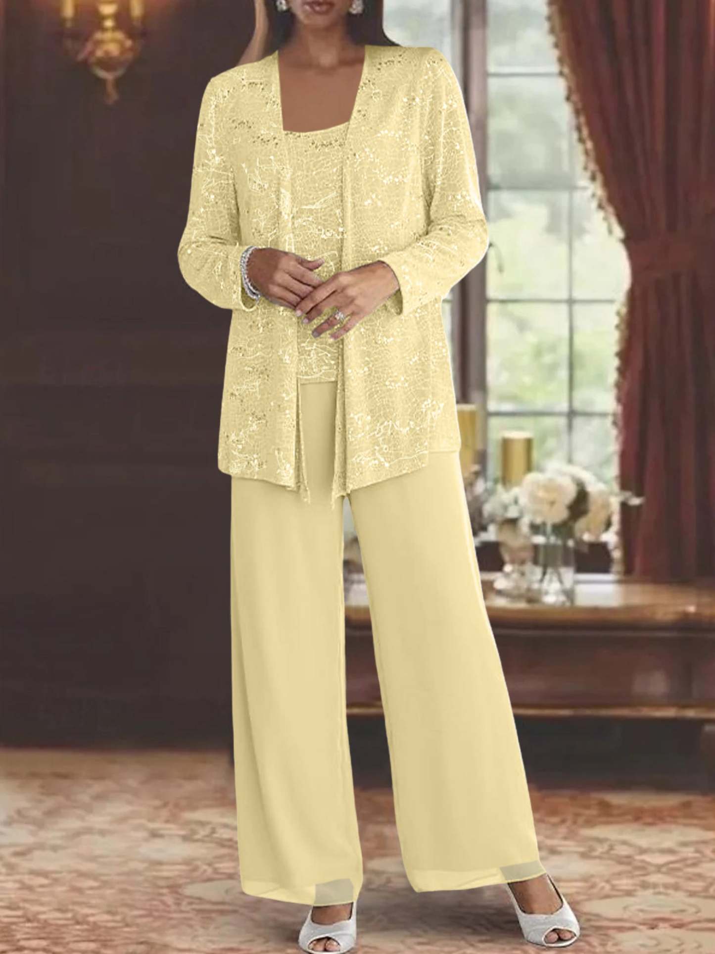 Sequined Chiffon Pantsuits for the Mother of the Bride with Jacket-LLELLA