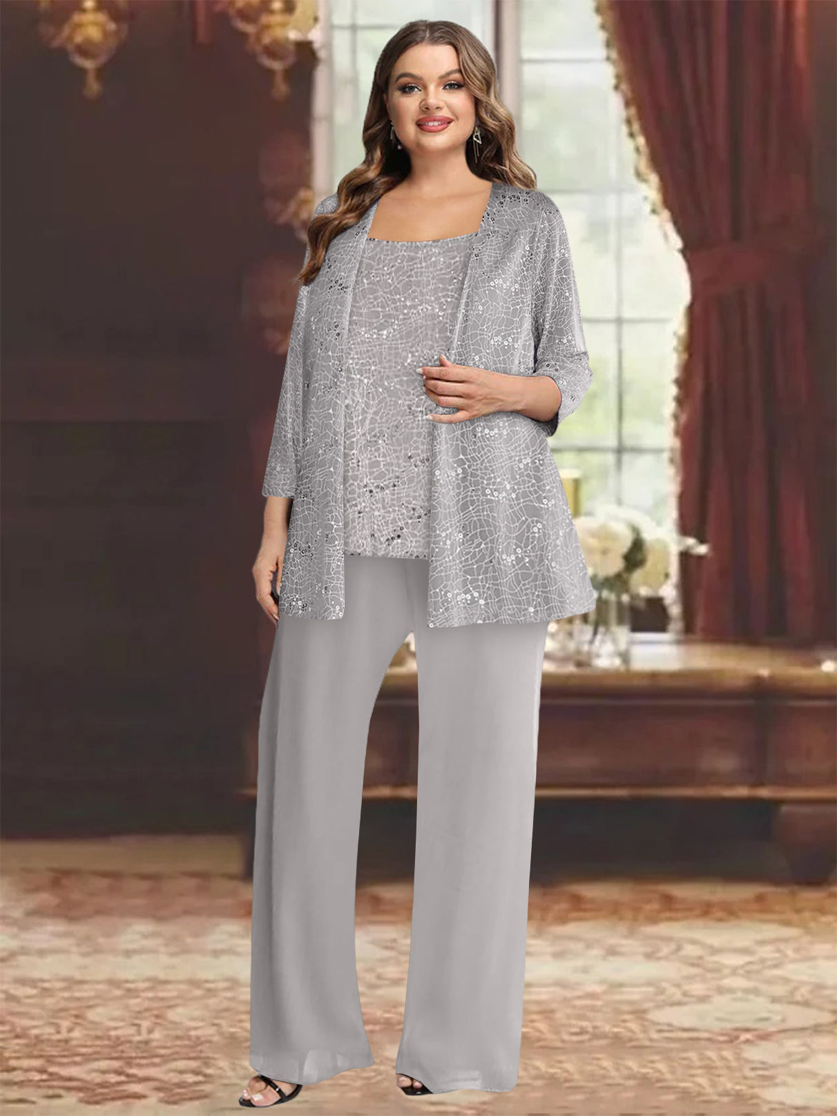Sequined Chiffon Pantsuits for the Mother of the Bride with Jacket-LLELLA
