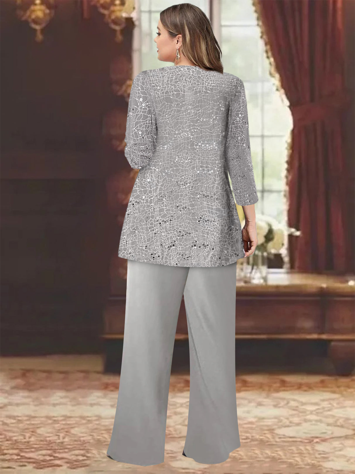 Sequined Chiffon Pantsuits for the Mother of the Bride with Jacket-LLELLA