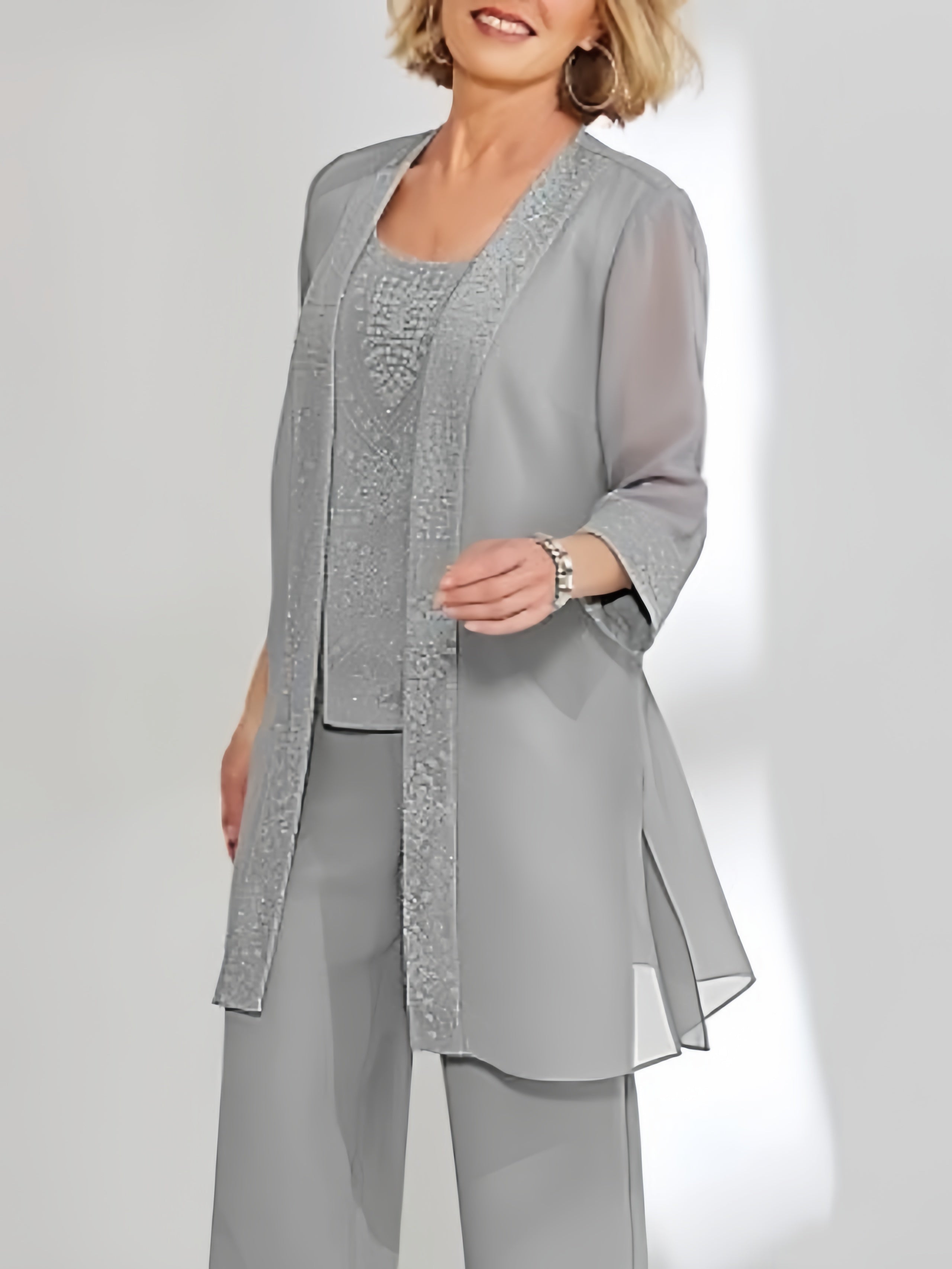 Ankle-Length Chiffon Mother of the Bride Pantsuit with Jacket in Scoop Style-LLELLA