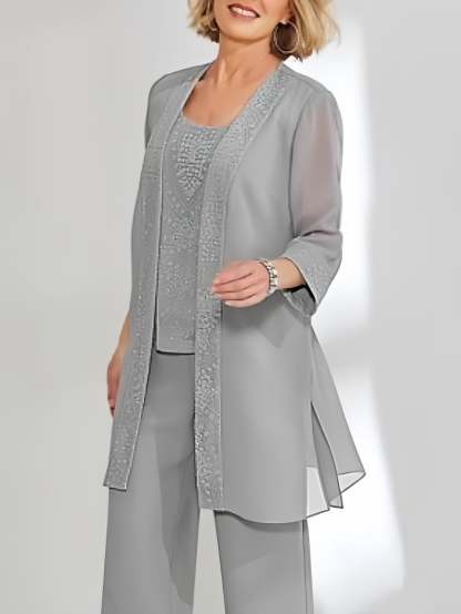Ankle-Length Chiffon Mother of the Bride Pantsuit with Jacket in Scoop Style-LLELLA