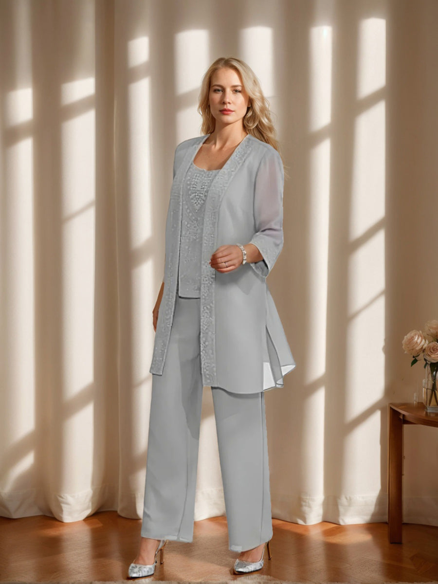 Ankle-Length Chiffon Mother of the Bride Pantsuit with Jacket in Scoop Style-LLELLA