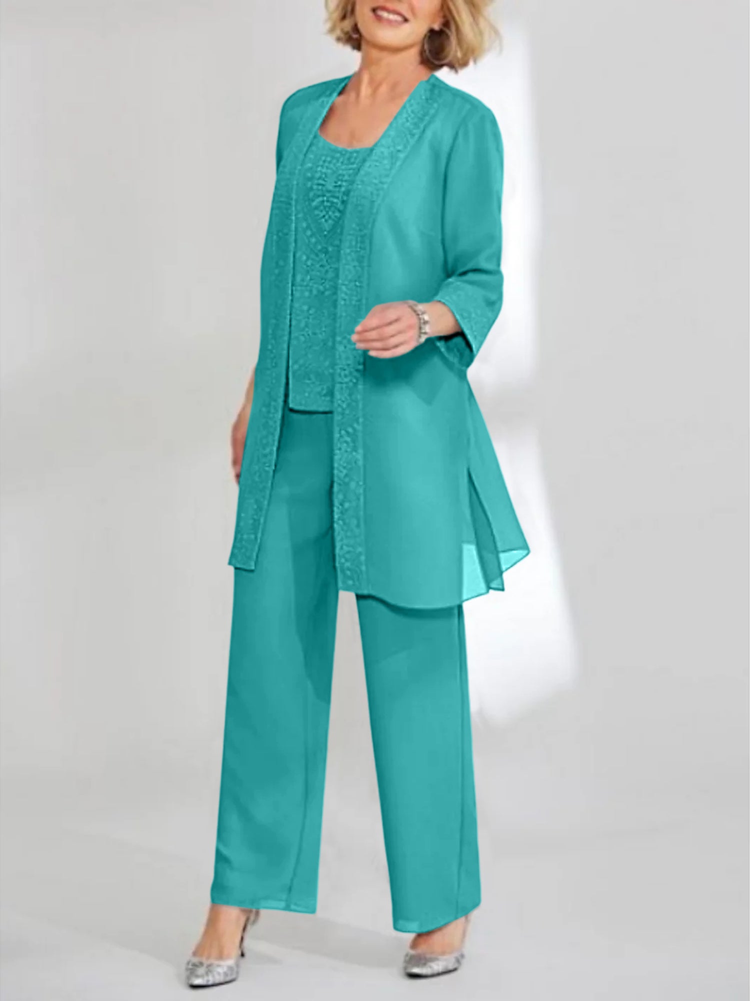 Ankle-Length Chiffon Mother of the Bride Pantsuit with Jacket in Scoop Style-LLELLA
