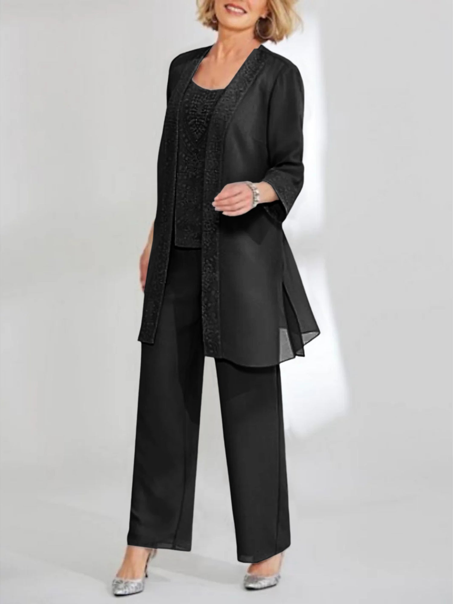 Ankle-Length Chiffon Mother of the Bride Pantsuit with Jacket in Scoop Style-LLELLA