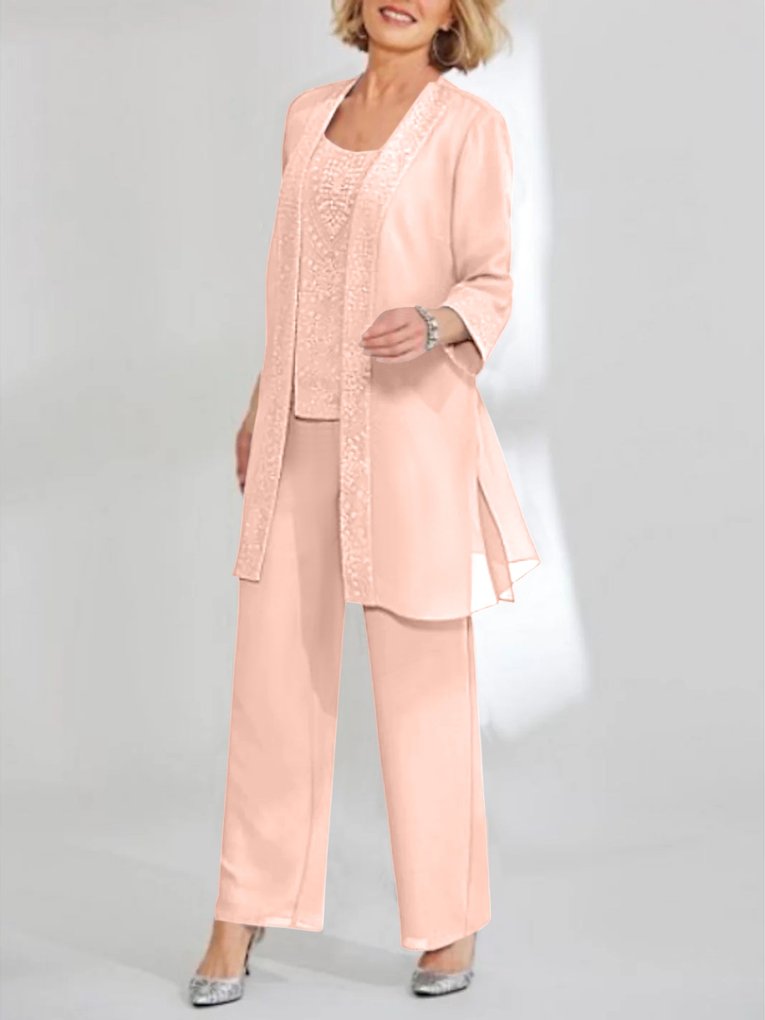 Ankle-Length Chiffon Mother of the Bride Pantsuit with Jacket in Scoop Style-LLELLA