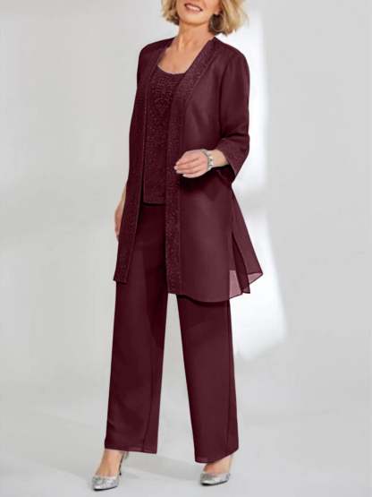 Ankle-Length Chiffon Mother of the Bride Pantsuit with Jacket in Scoop Style-LLELLA