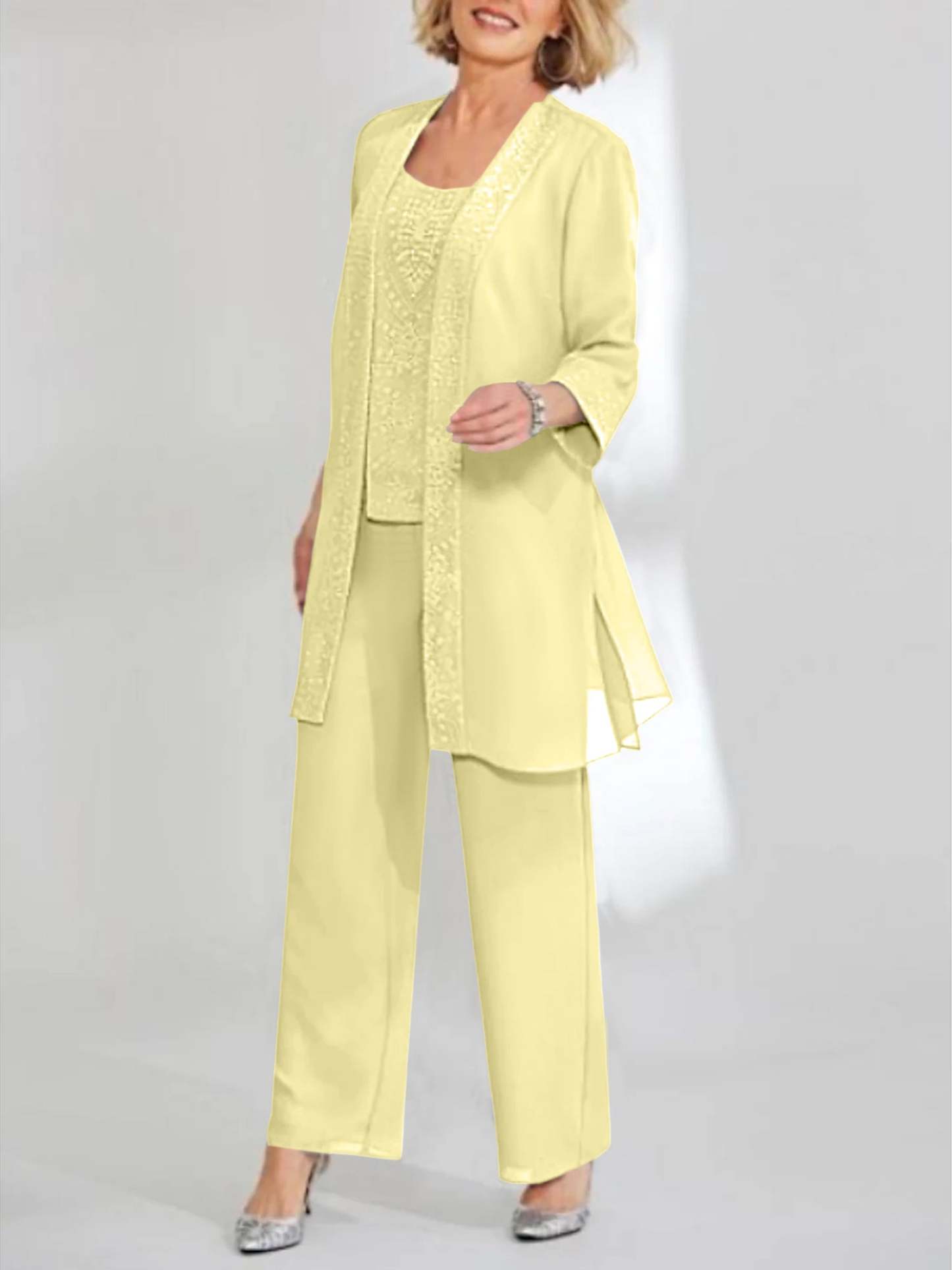 Ankle-Length Chiffon Mother of the Bride Pantsuit with Jacket in Scoop Style-LLELLA