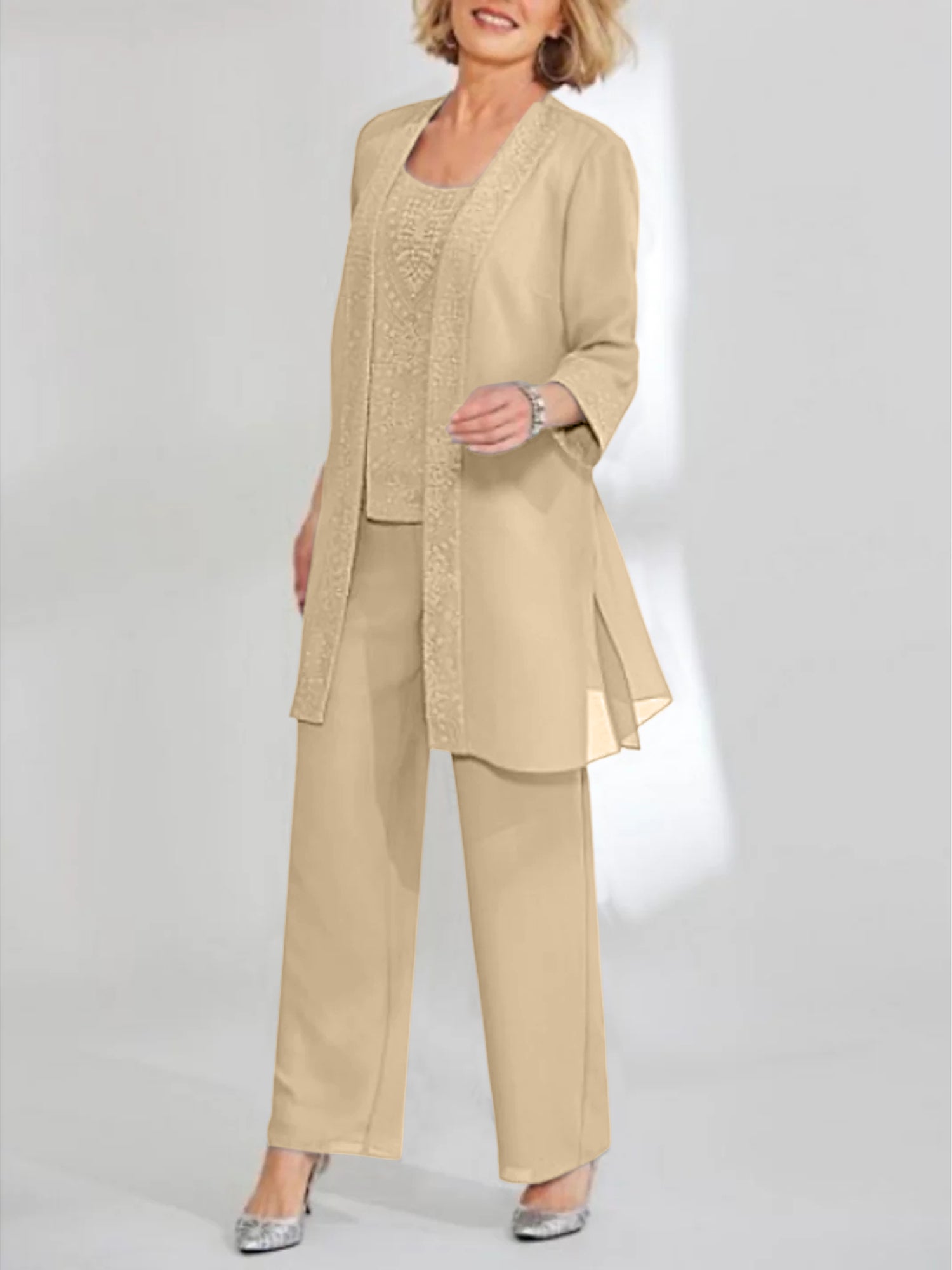Ankle-Length Chiffon Mother of the Bride Pantsuit with Jacket in Scoop Style-LLELLA