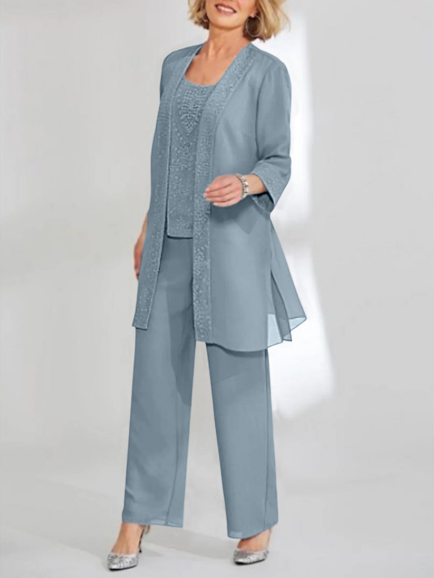 Ankle-Length Chiffon Mother of the Bride Pantsuit with Jacket in Scoop Style-LLELLA