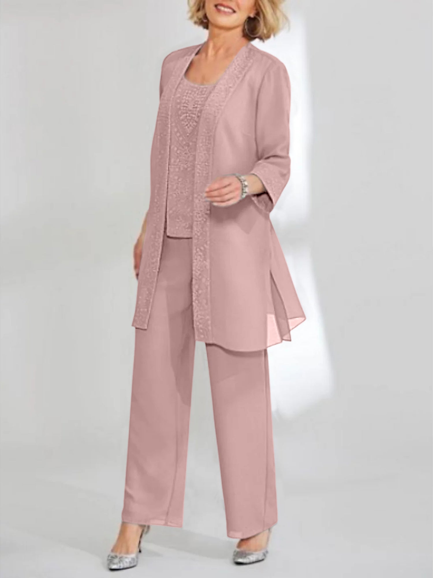 Ankle-Length Chiffon Mother of the Bride Pantsuit with Jacket in Scoop Style-LLELLA