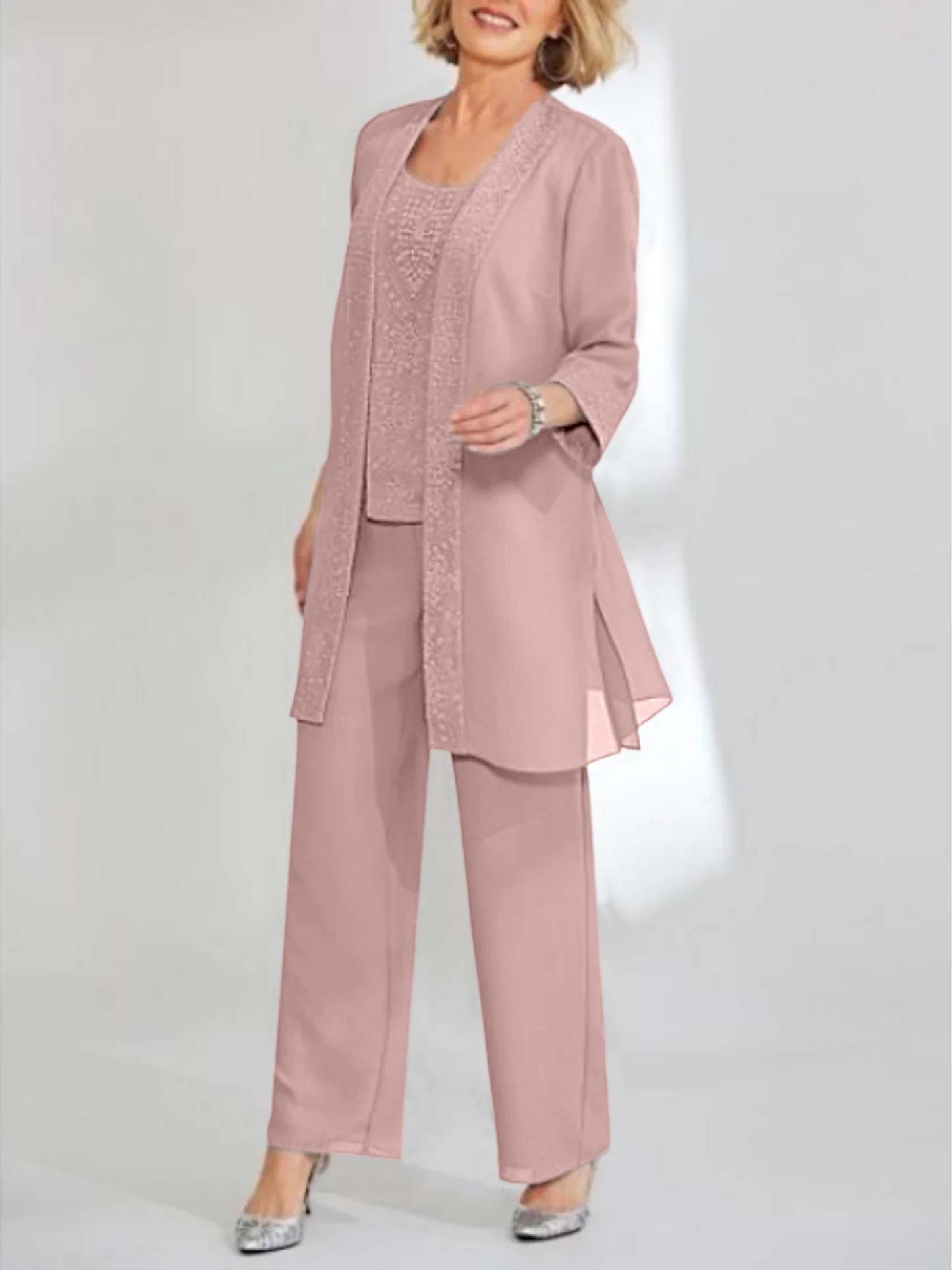 Ankle-Length Chiffon Mother of the Bride Pantsuit with Jacket in Scoop Style-LLELLA