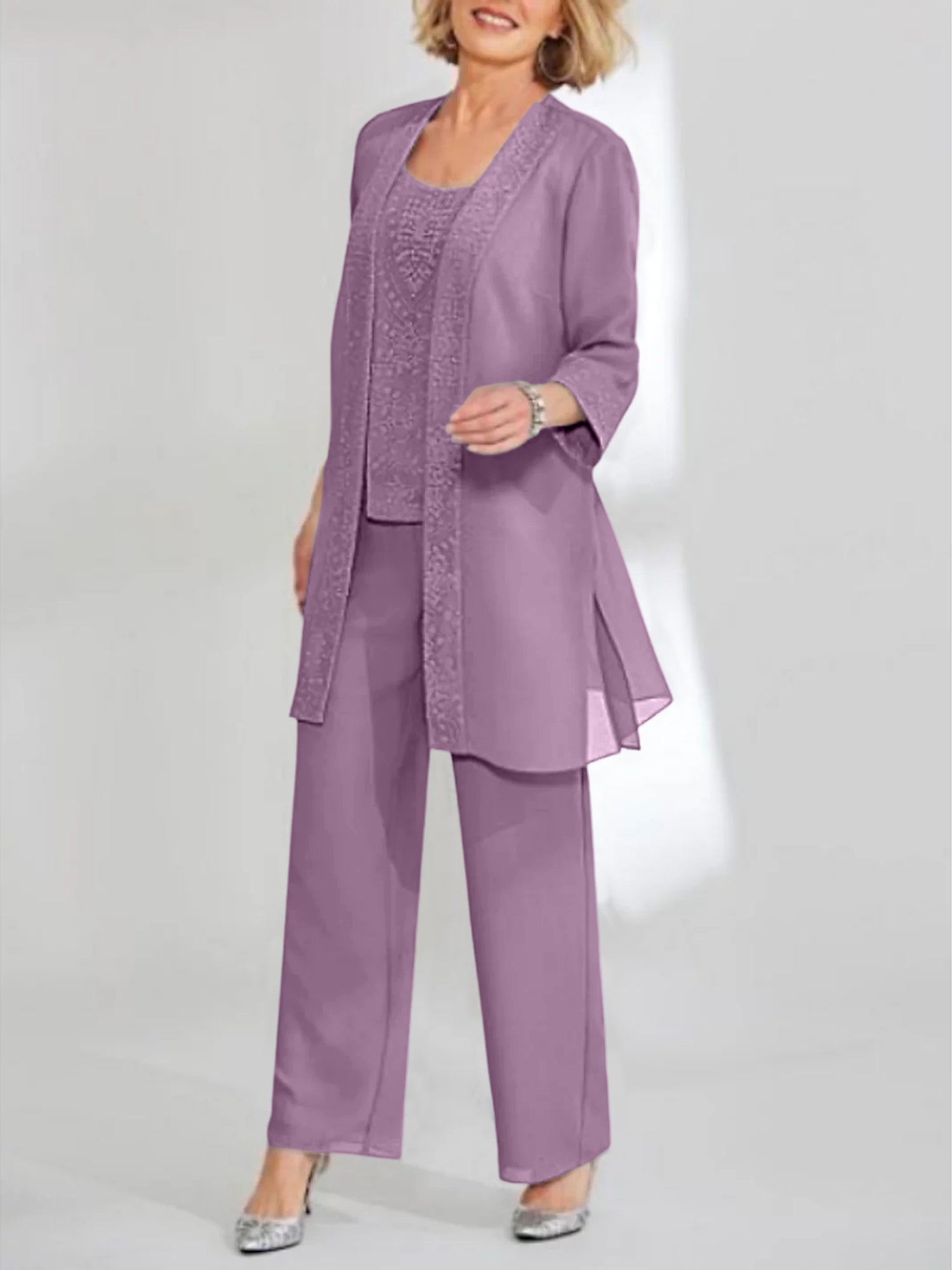 Ankle-Length Chiffon Mother of the Bride Pantsuit with Jacket in Scoop Style-LLELLA