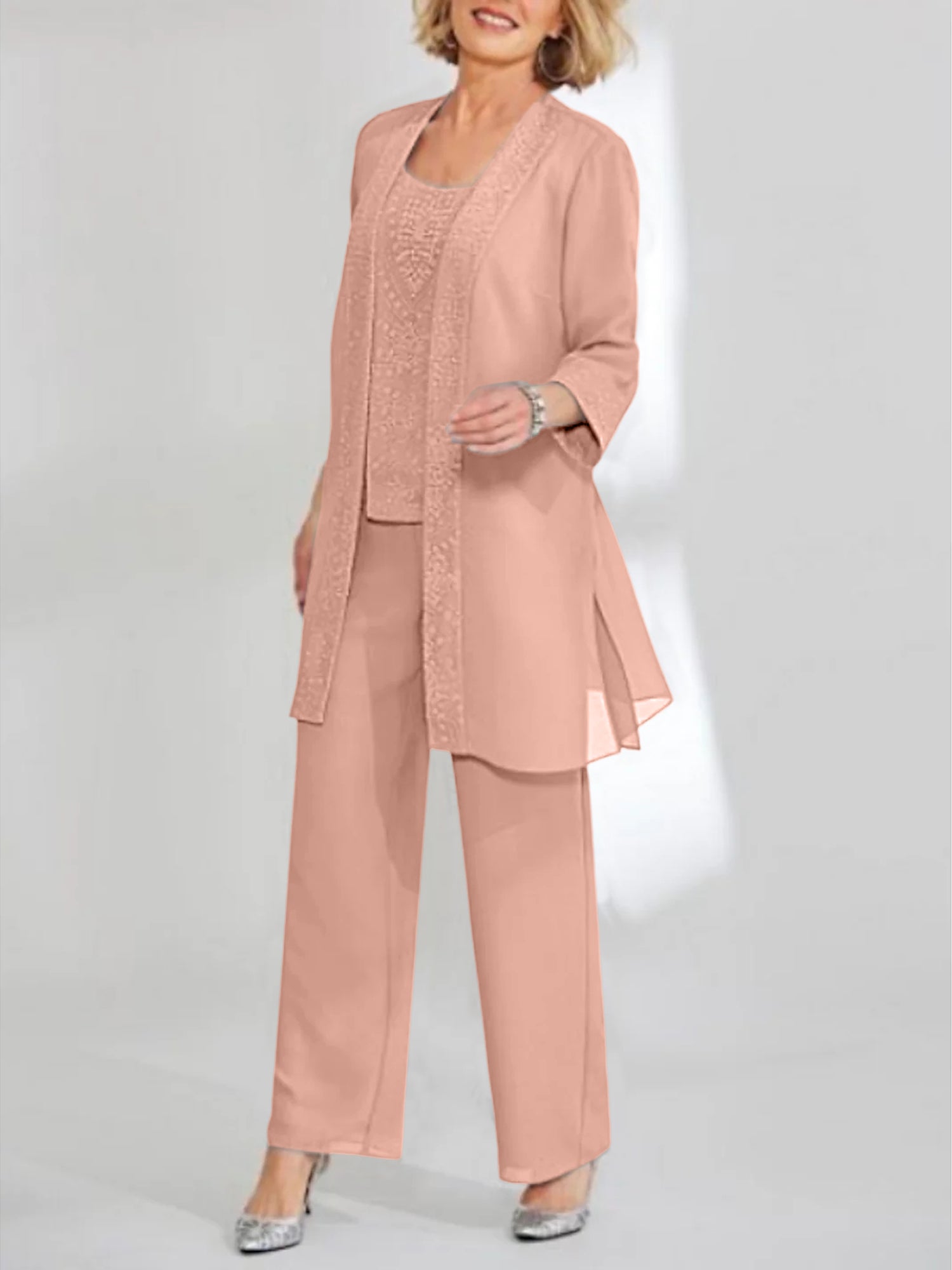 Ankle-Length Chiffon Mother of the Bride Pantsuit with Jacket in Scoop Style-LLELLA
