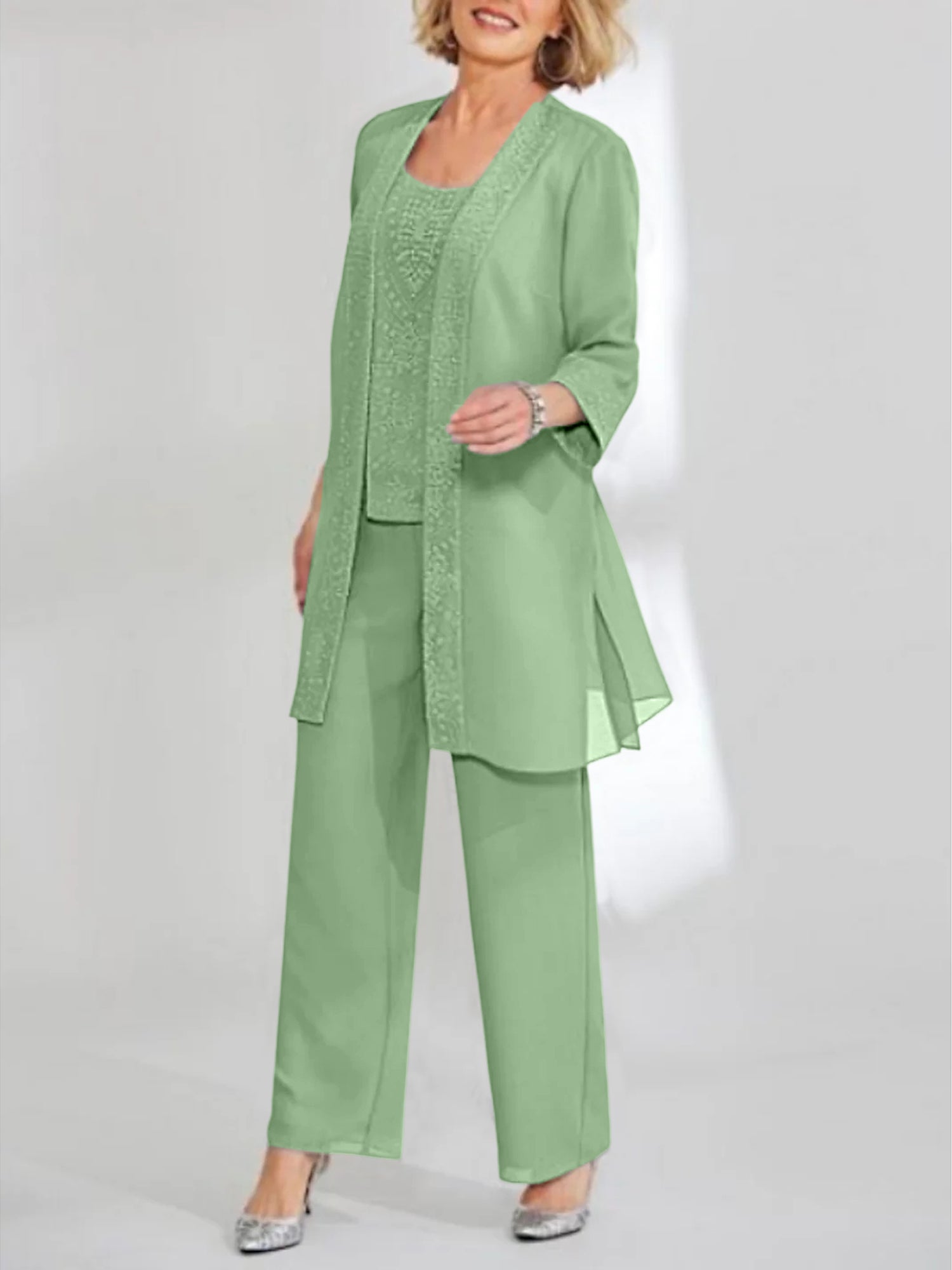 Ankle-Length Chiffon Mother of the Bride Pantsuit with Jacket in Scoop Style-LLELLA