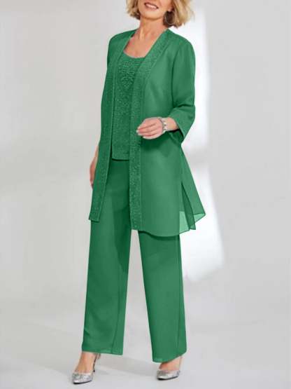 Ankle-Length Chiffon Mother of the Bride Pantsuit with Jacket in Scoop Style-LLELLA