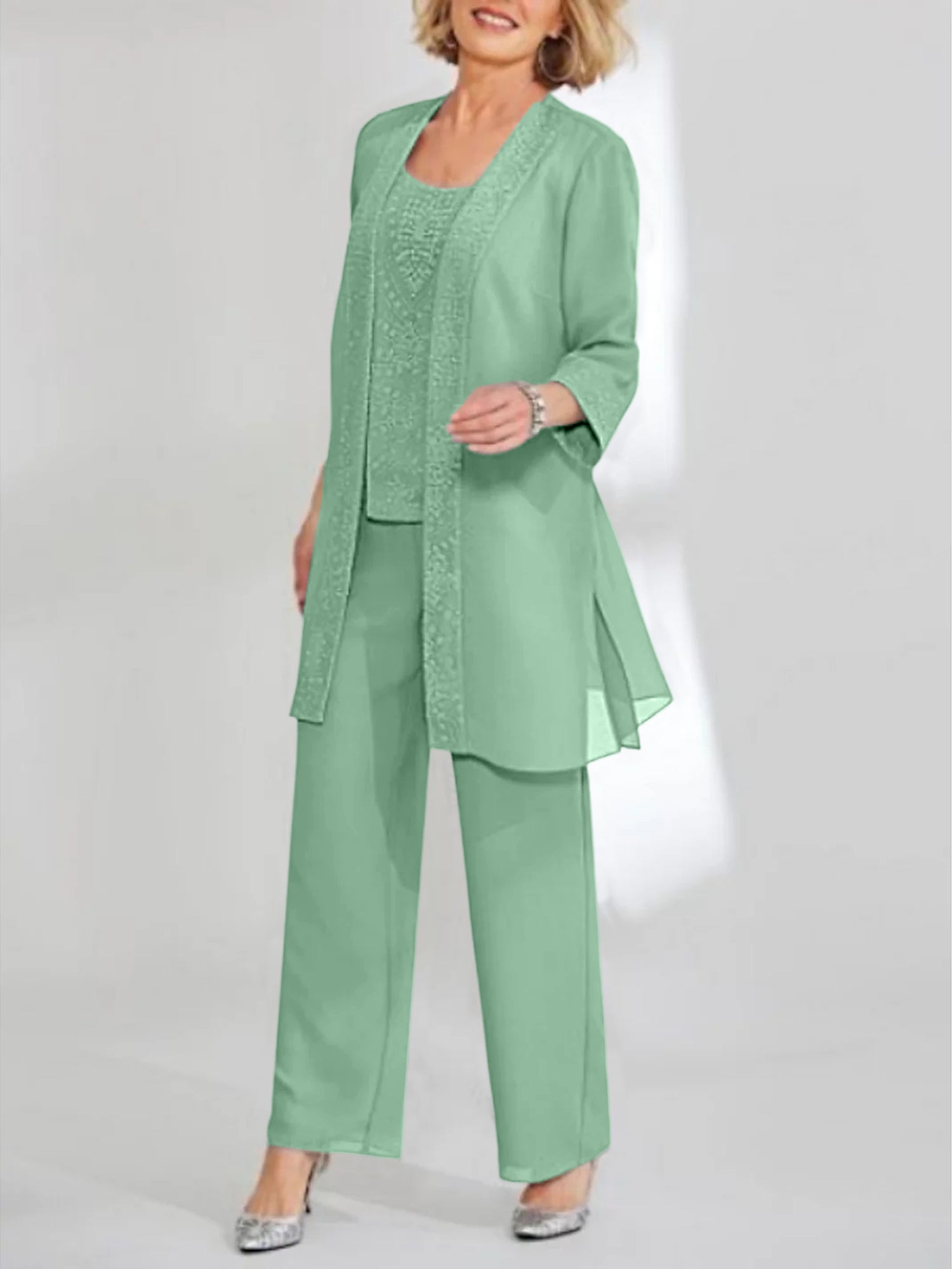 Ankle-Length Chiffon Mother of the Bride Pantsuit with Jacket in Scoop Style-LLELLA