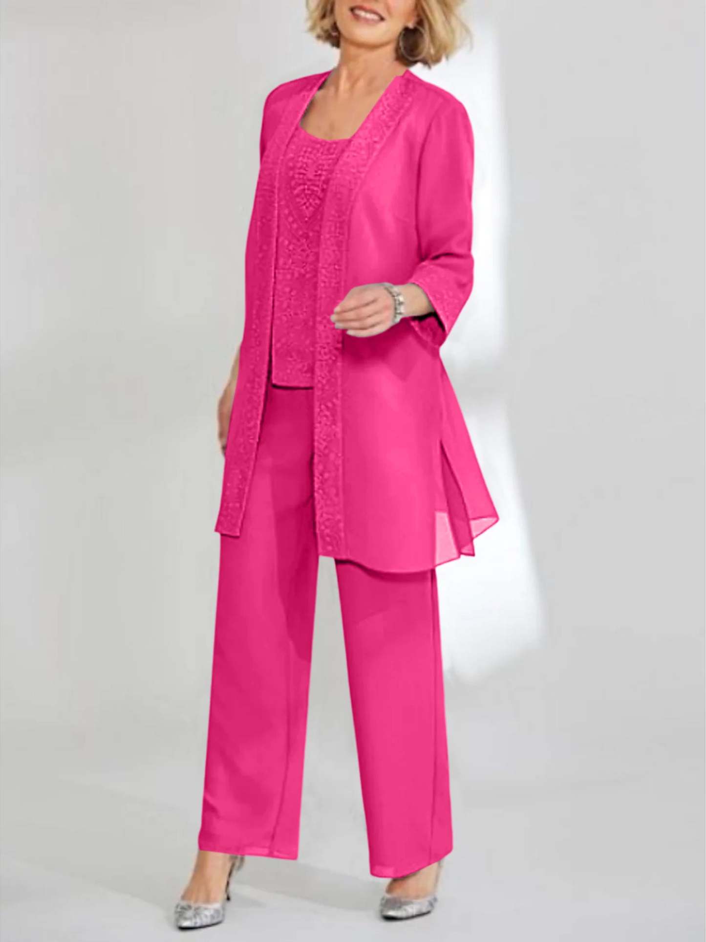 Ankle-Length Chiffon Mother of the Bride Pantsuit with Jacket in Scoop Style-LLELLA