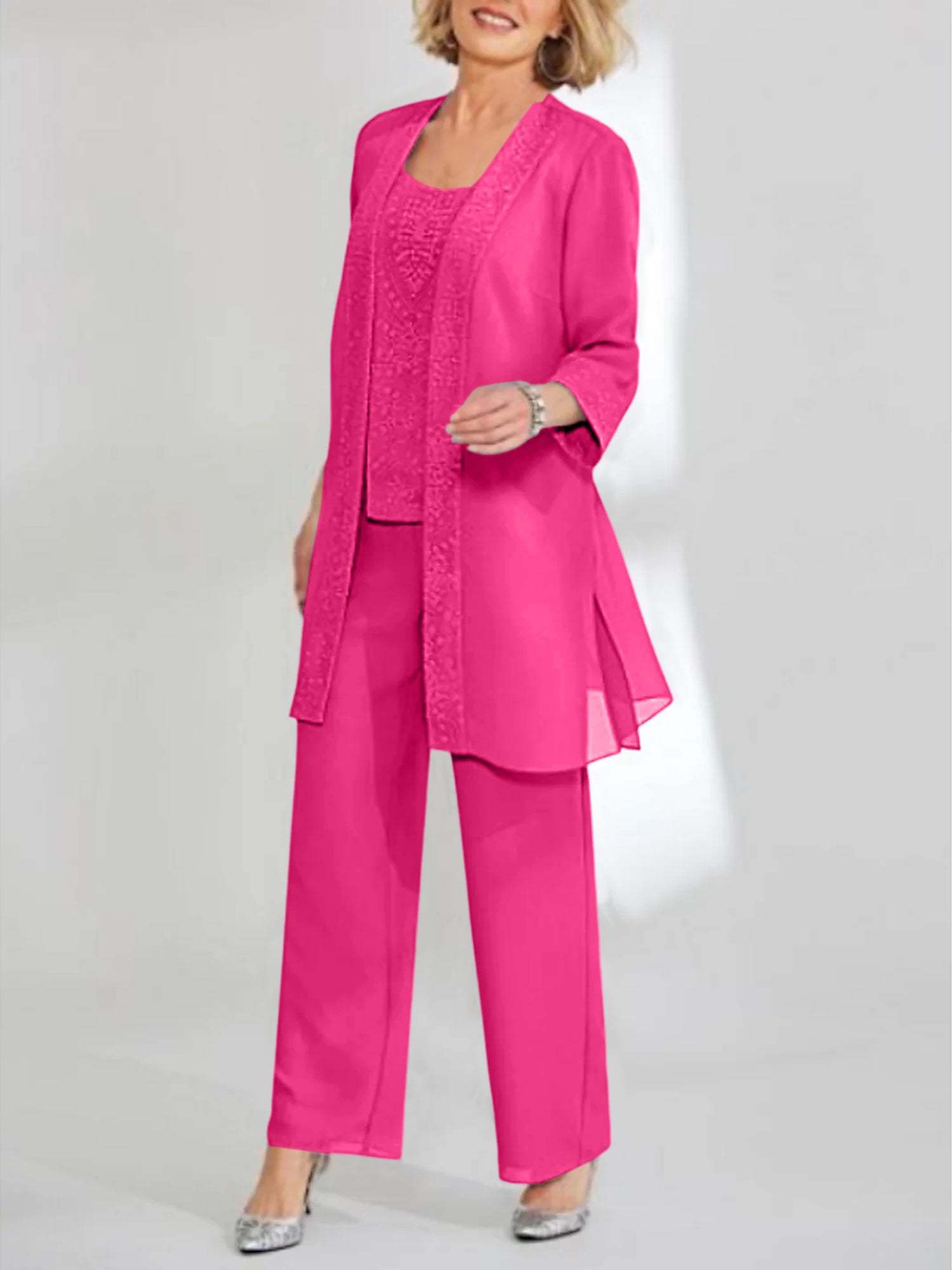 Ankle-Length Chiffon Mother of the Bride Pantsuit with Jacket in Scoop Style-LLELLA