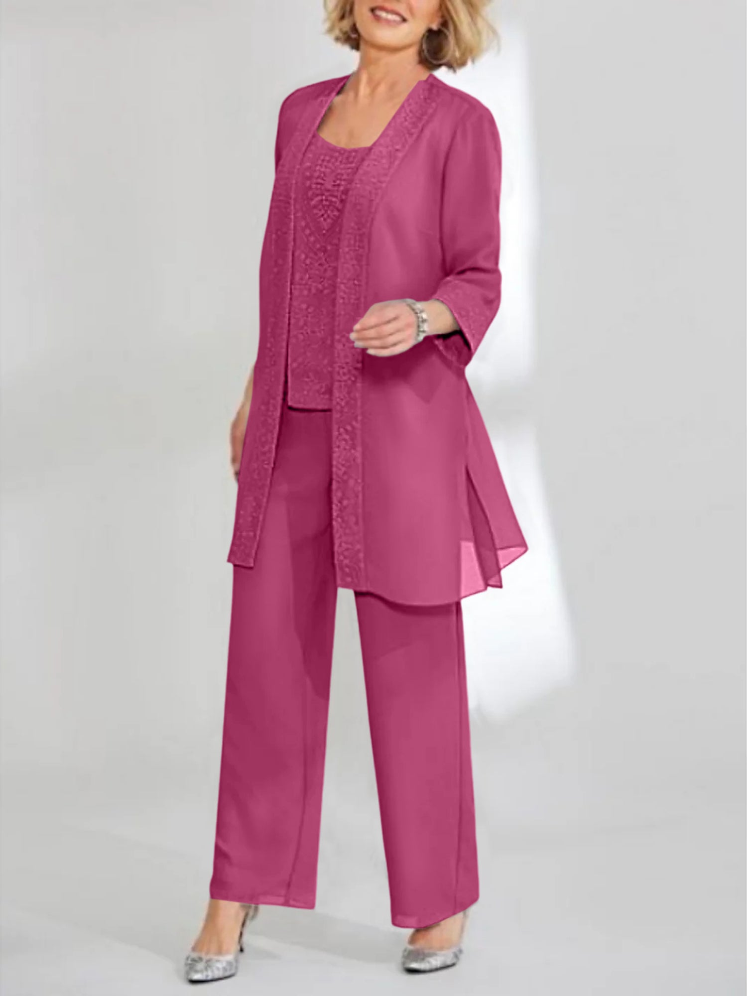 Ankle-Length Chiffon Mother of the Bride Pantsuit with Jacket in Scoop Style-LLELLA
