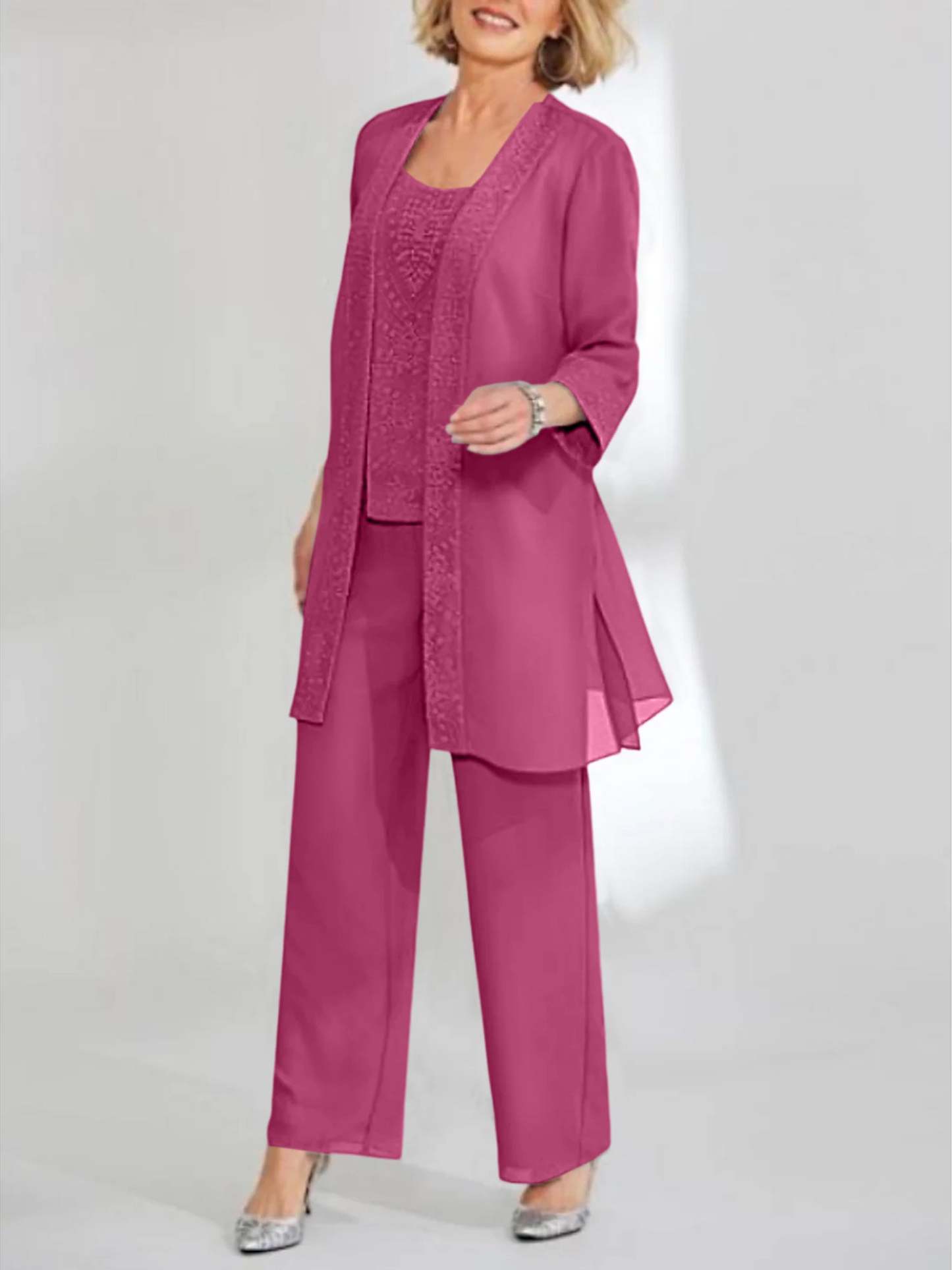 Ankle-Length Chiffon Mother of the Bride Pantsuit with Jacket in Scoop Style-LLELLA