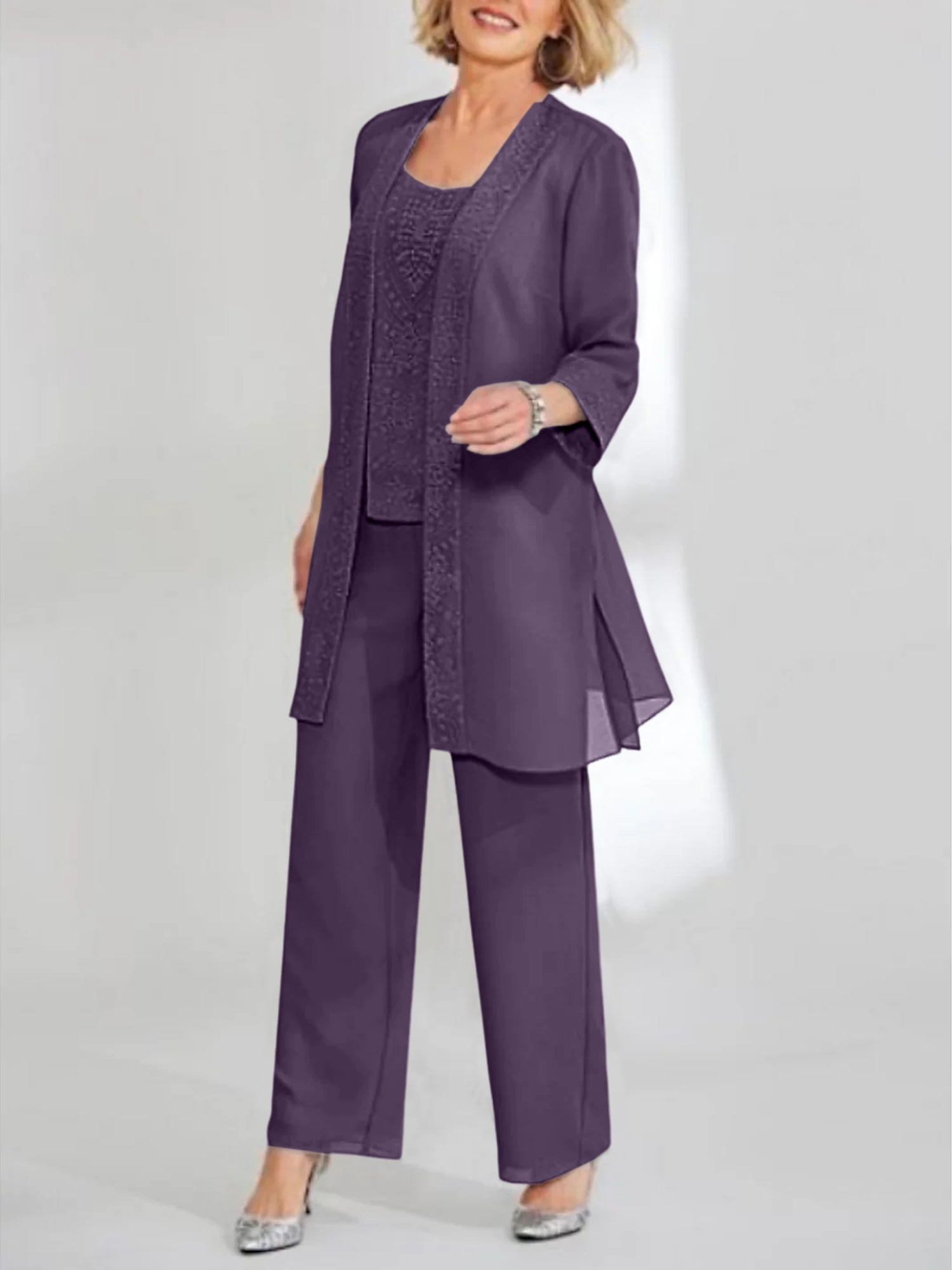 Ankle-Length Chiffon Mother of the Bride Pantsuit with Jacket in Scoop Style-LLELLA