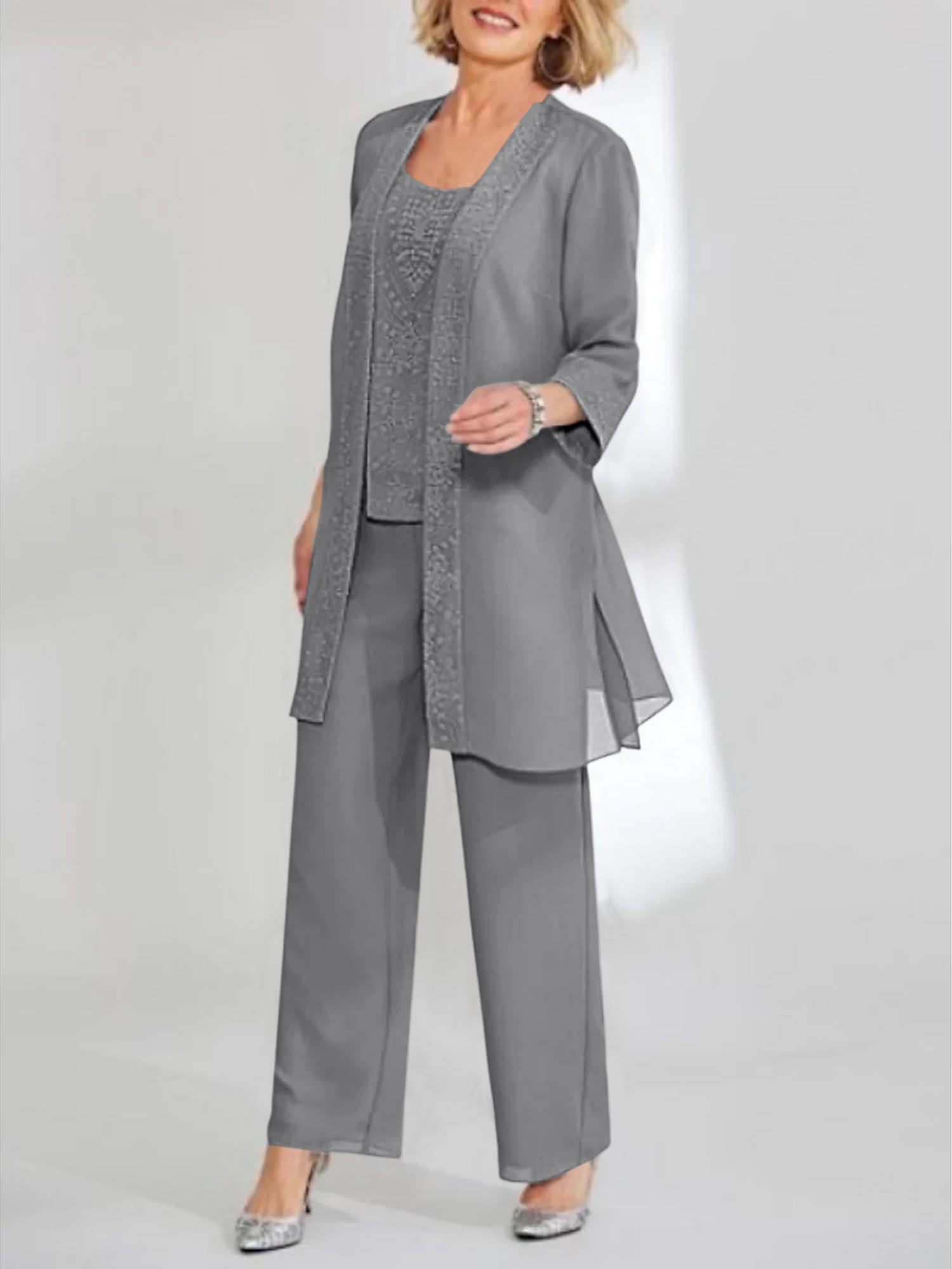 Ankle-Length Chiffon Mother of the Bride Pantsuit with Jacket in Scoop Style-LLELLA
