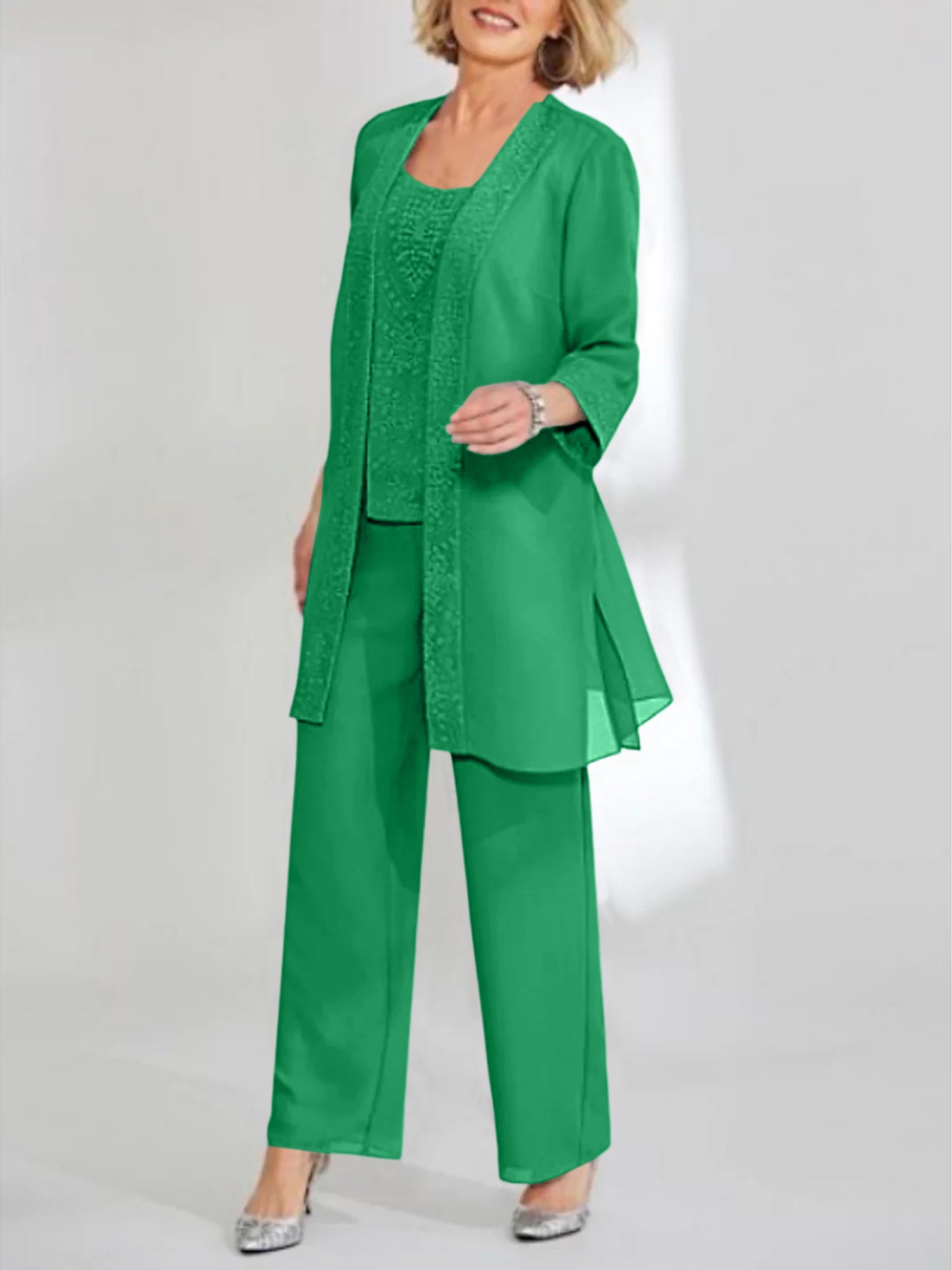 Ankle-Length Chiffon Mother of the Bride Pantsuit with Jacket in Scoop Style-LLELLA