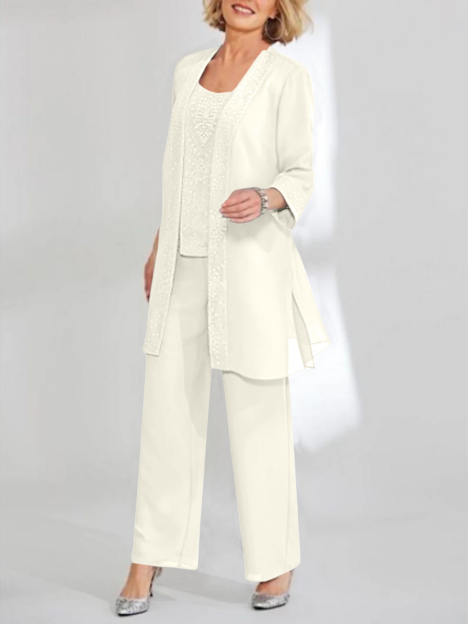 Ankle-Length Chiffon Mother of the Bride Pantsuit with Jacket in Scoop Style-LLELLA