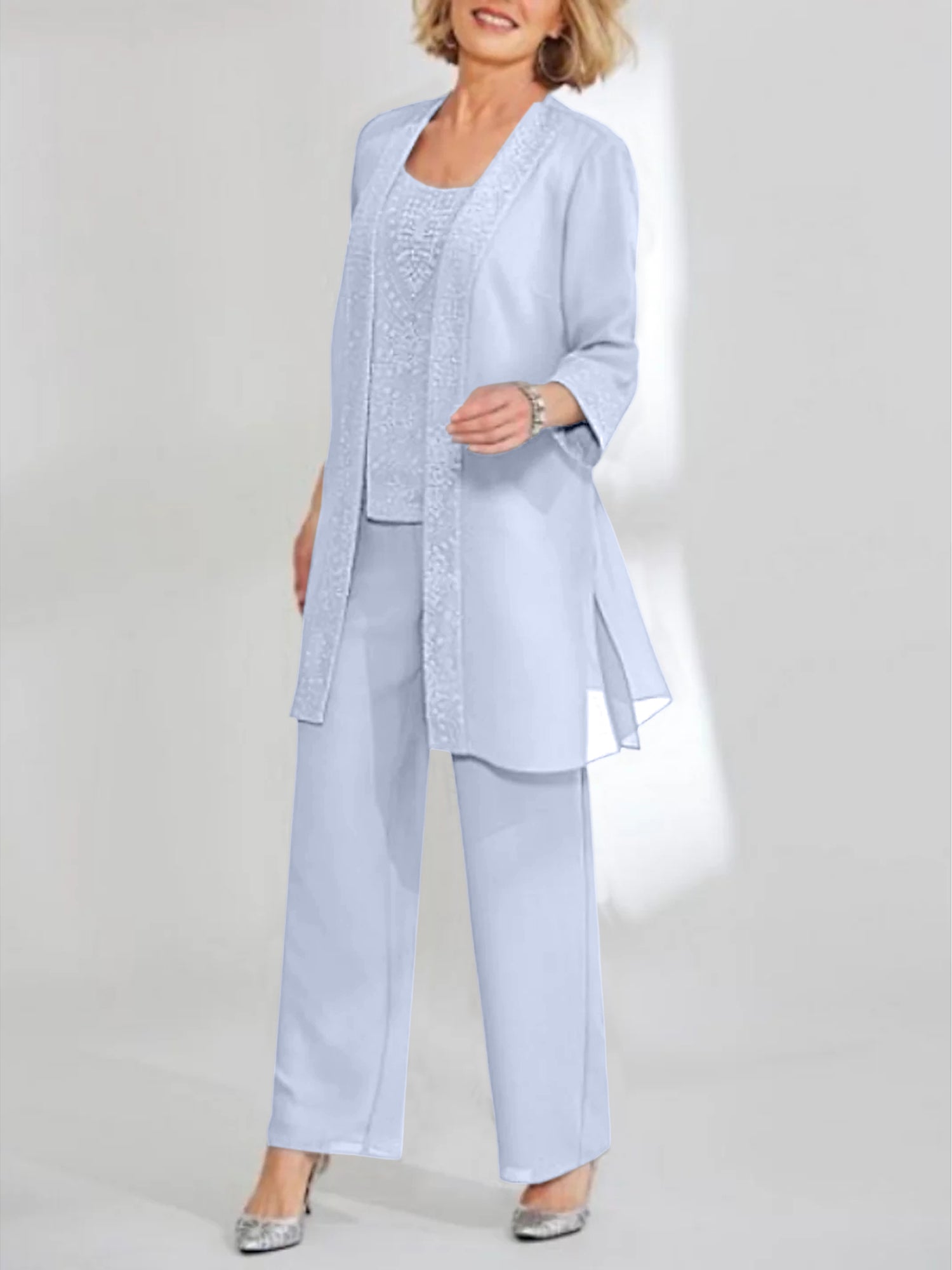 Ankle-Length Chiffon Mother of the Bride Pantsuit with Jacket in Scoop Style-LLELLA