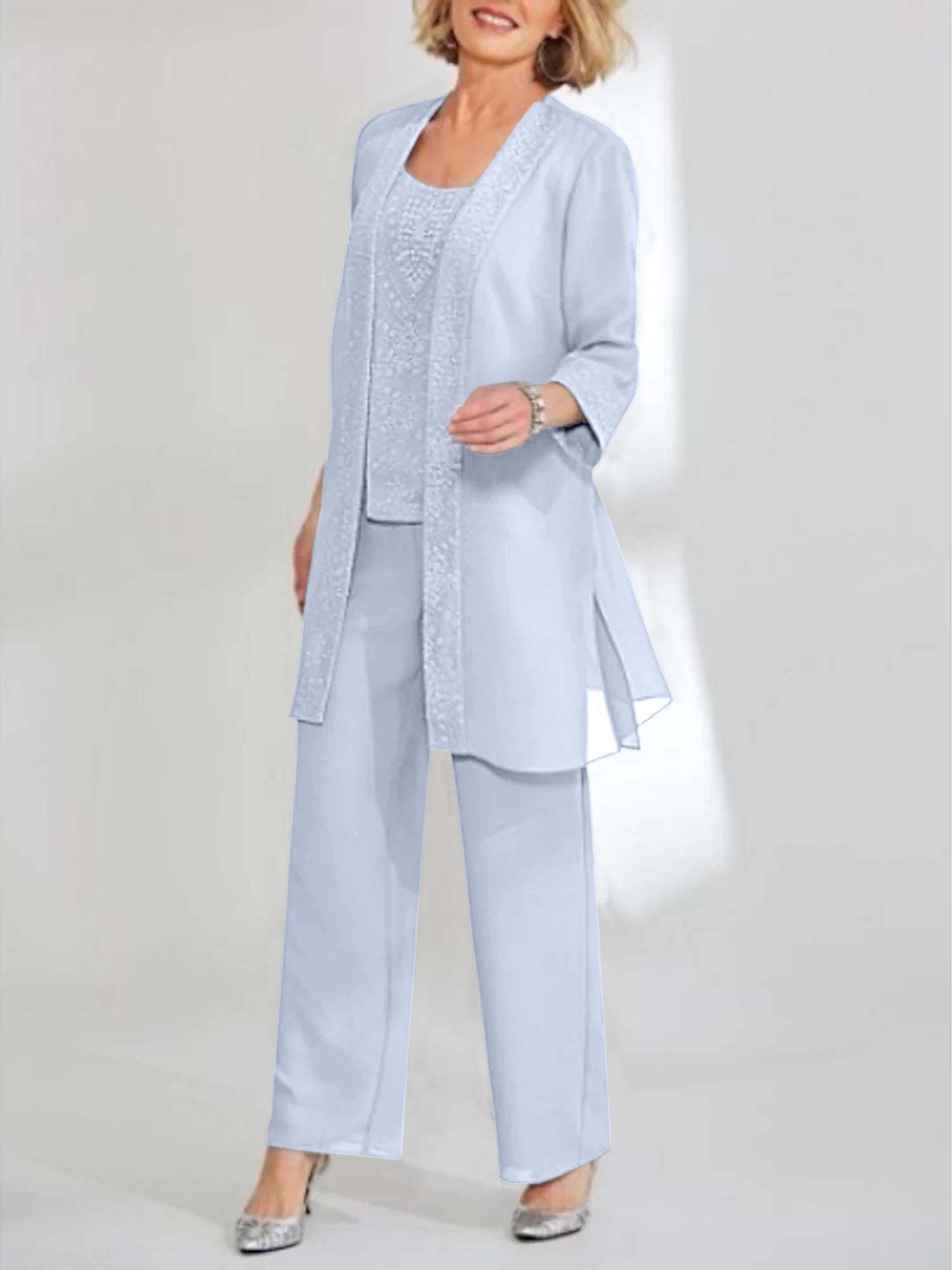 Ankle-Length Chiffon Mother of the Bride Pantsuit with Jacket in Scoop Style-LLELLA