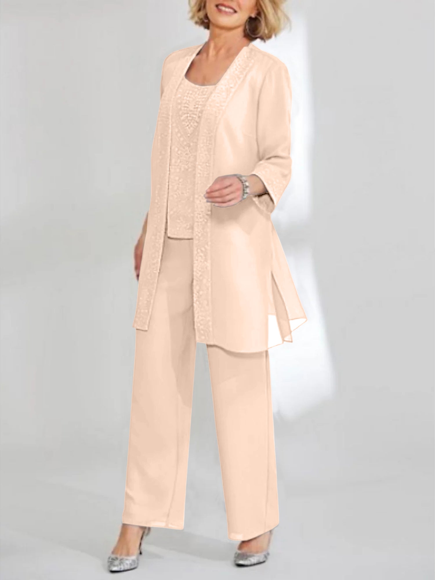 Ankle-Length Chiffon Mother of the Bride Pantsuit with Jacket in Scoop Style-LLELLA