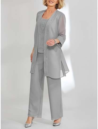 Ankle-Length Chiffon Mother of the Bride Pantsuit with Jacket in Scoop Style-LLELLA