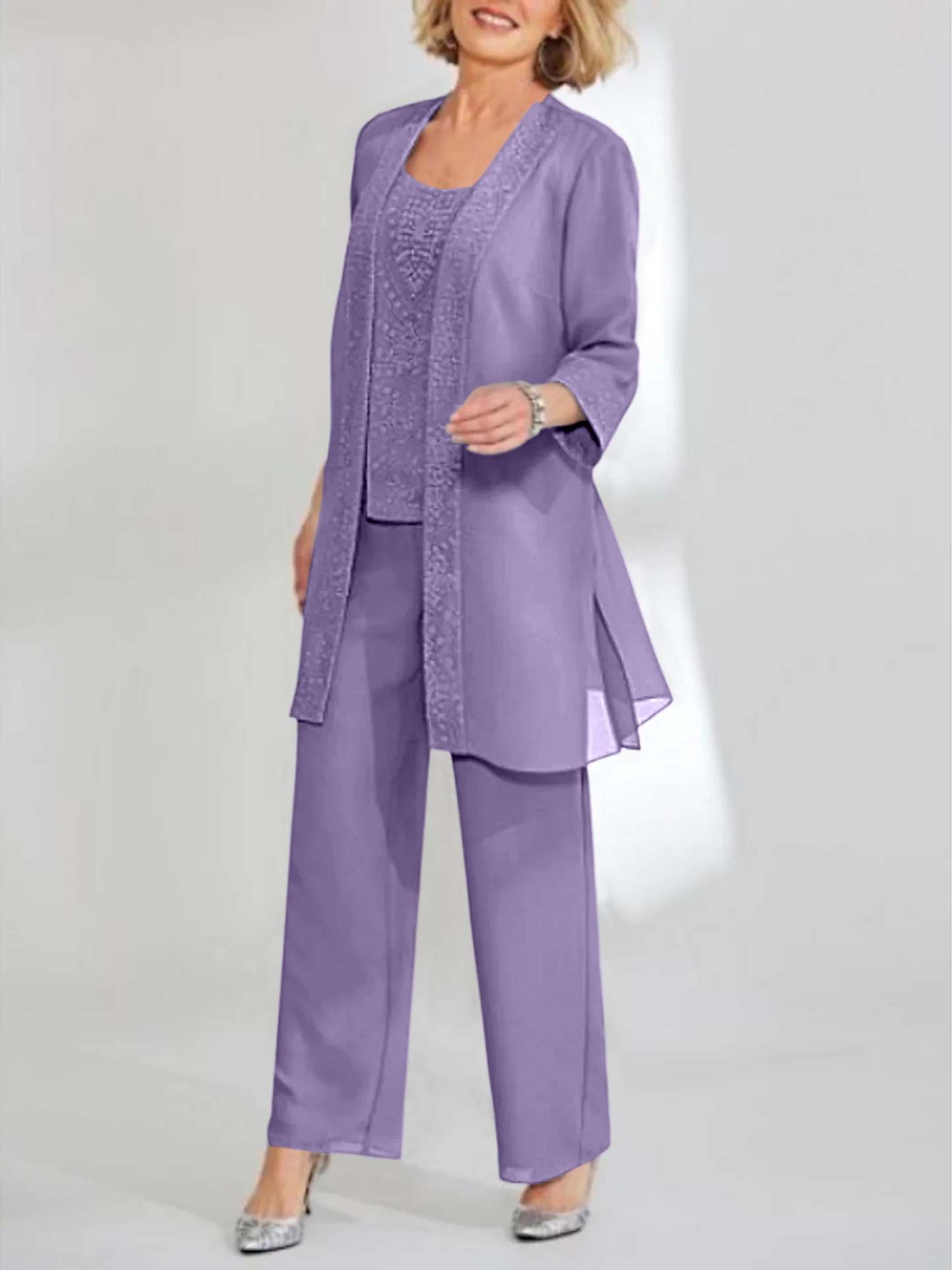 Ankle-Length Chiffon Mother of the Bride Pantsuit with Jacket in Scoop Style-LLELLA