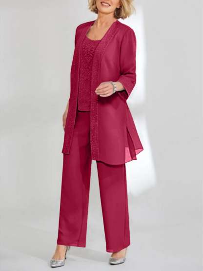 Ankle-Length Chiffon Mother of the Bride Pantsuit with Jacket in Scoop Style-LLELLA