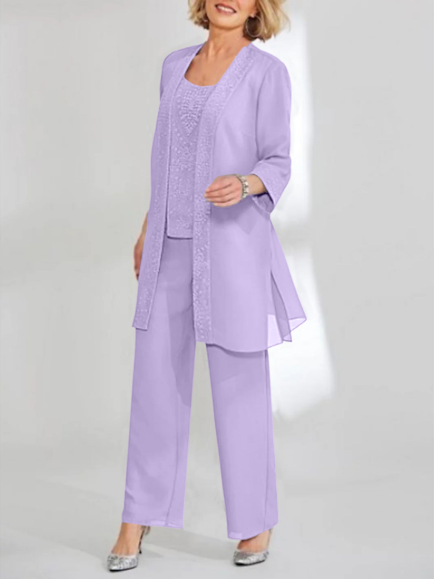 Ankle-Length Chiffon Mother of the Bride Pantsuit with Jacket in Scoop Style-LLELLA