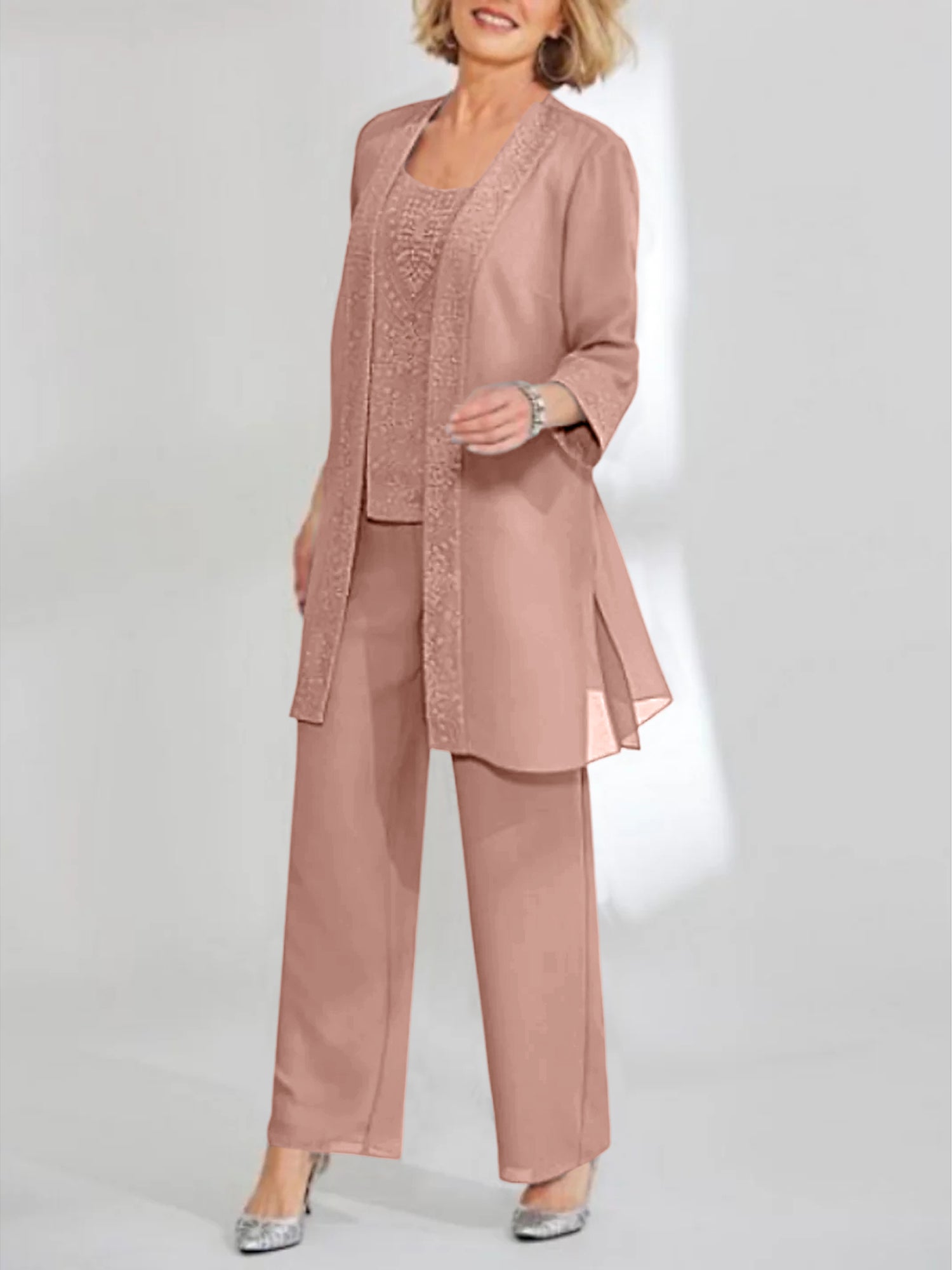 Ankle-Length Chiffon Mother of the Bride Pantsuit with Jacket in Scoop Style-LLELLA