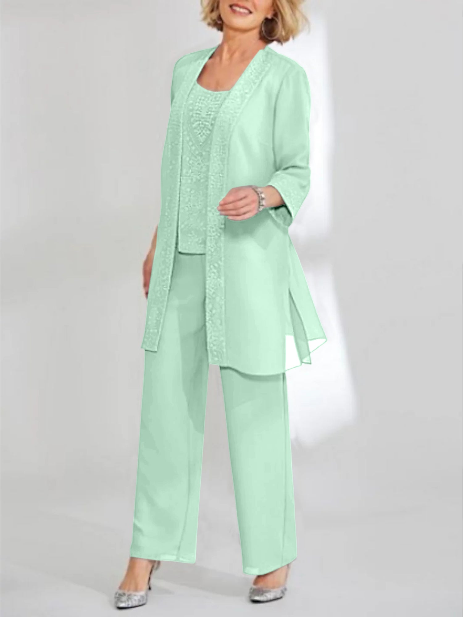 Ankle-Length Chiffon Mother of the Bride Pantsuit with Jacket in Scoop Style-LLELLA