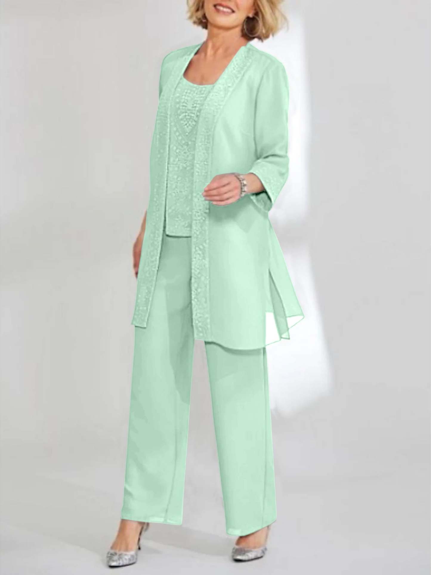 Ankle-Length Chiffon Mother of the Bride Pantsuit with Jacket in Scoop Style-LLELLA