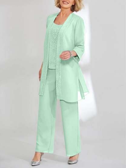 Ankle-Length Chiffon Mother of the Bride Pantsuit with Jacket in Scoop Style-LLELLA