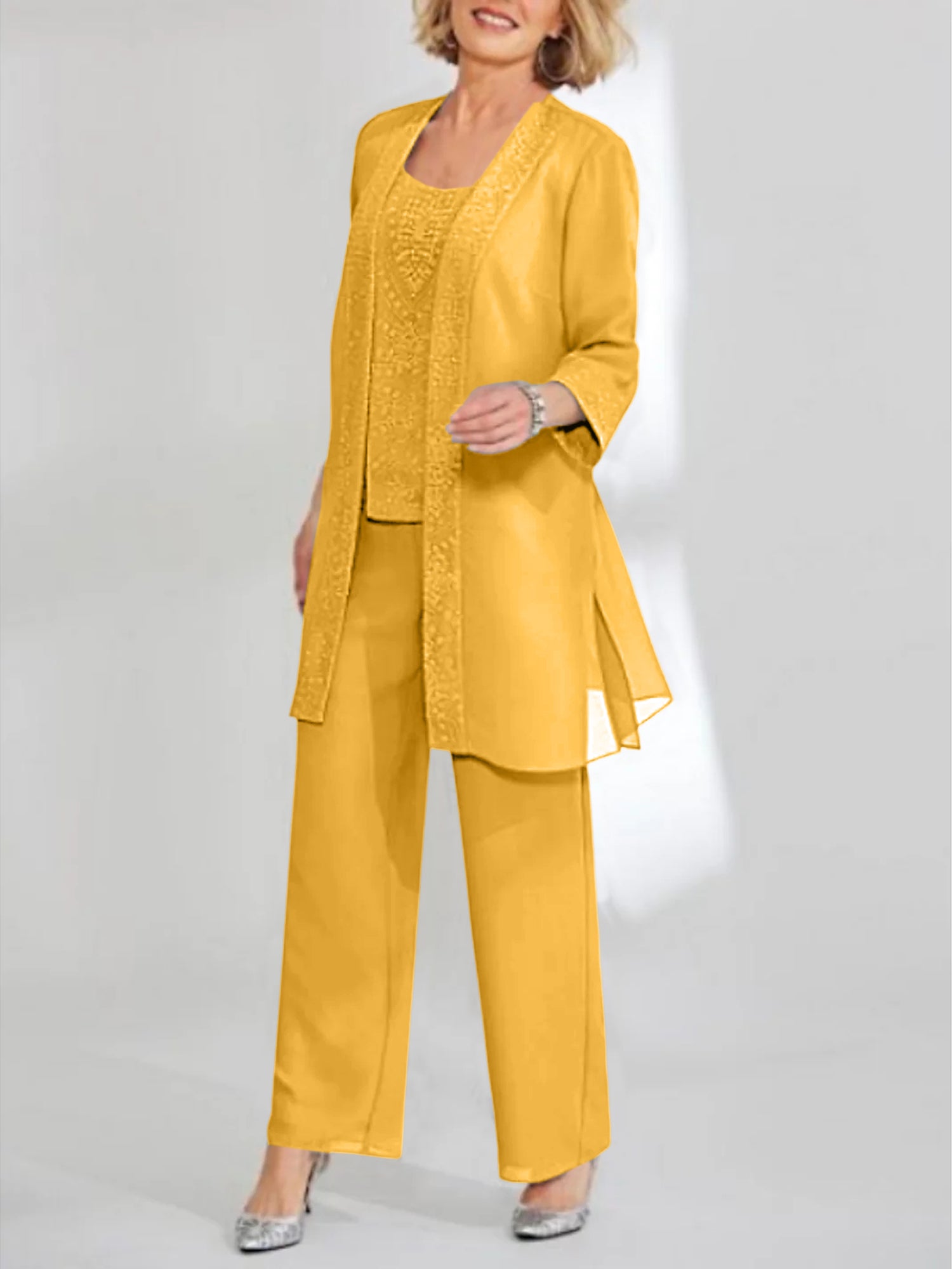Ankle-Length Chiffon Mother of the Bride Pantsuit with Jacket in Scoop Style-LLELLA