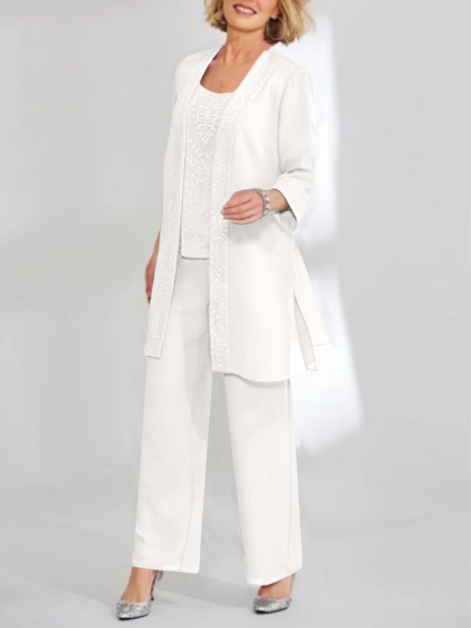 Ankle-Length Chiffon Mother of the Bride Pantsuit with Jacket in Scoop Style-LLELLA