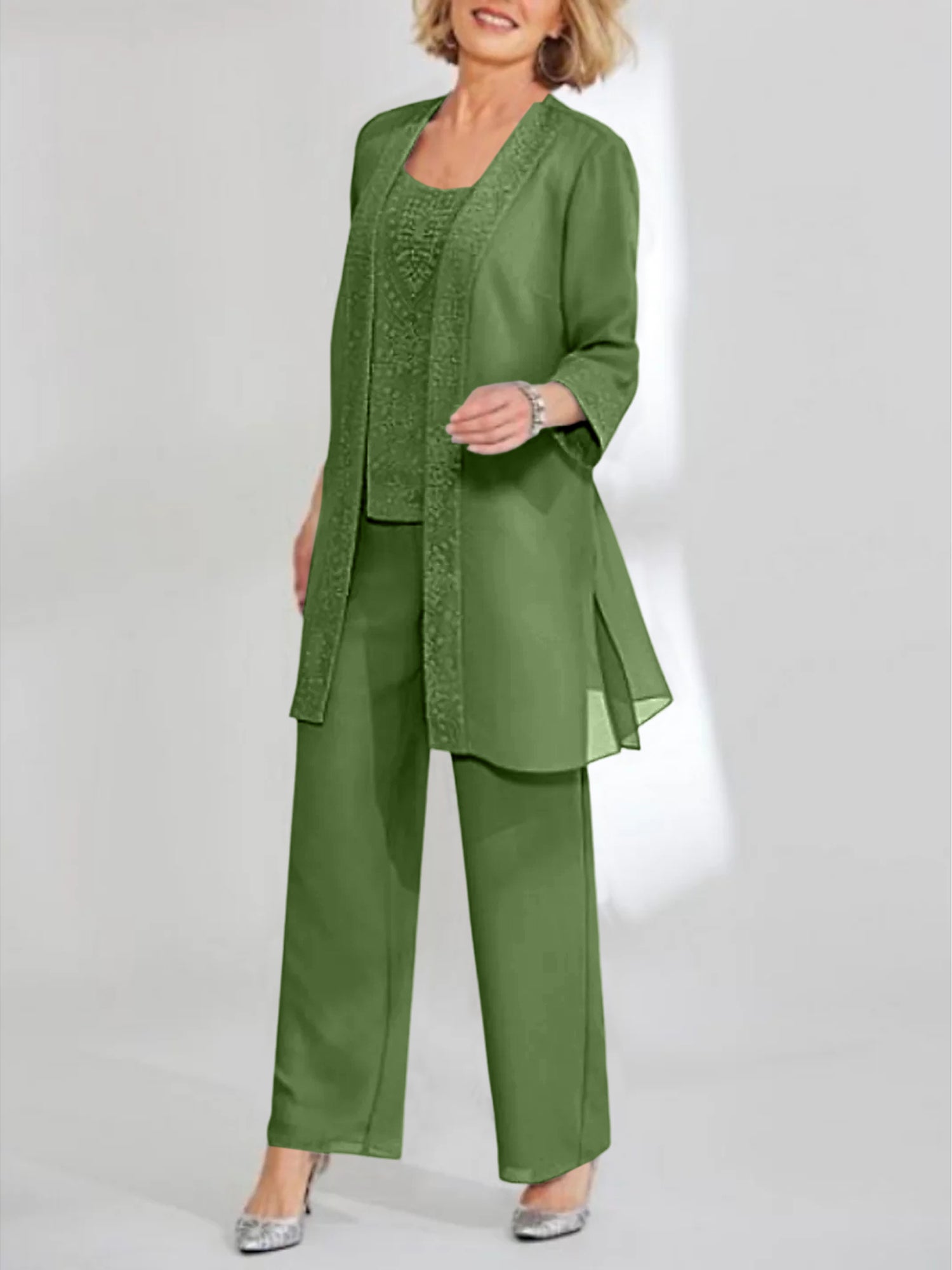 Ankle-Length Chiffon Mother of the Bride Pantsuit with Jacket in Scoop Style-LLELLA