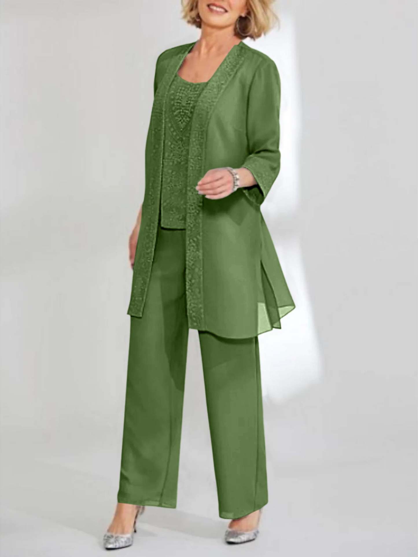Ankle-Length Chiffon Mother of the Bride Pantsuit with Jacket in Scoop Style-LLELLA