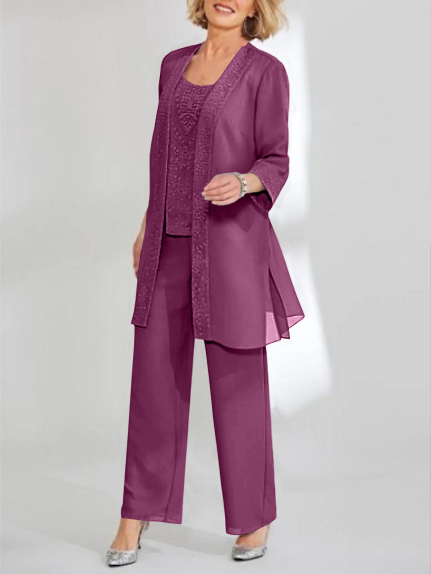 Ankle-Length Chiffon Mother of the Bride Pantsuit with Jacket in Scoop Style-LLELLA