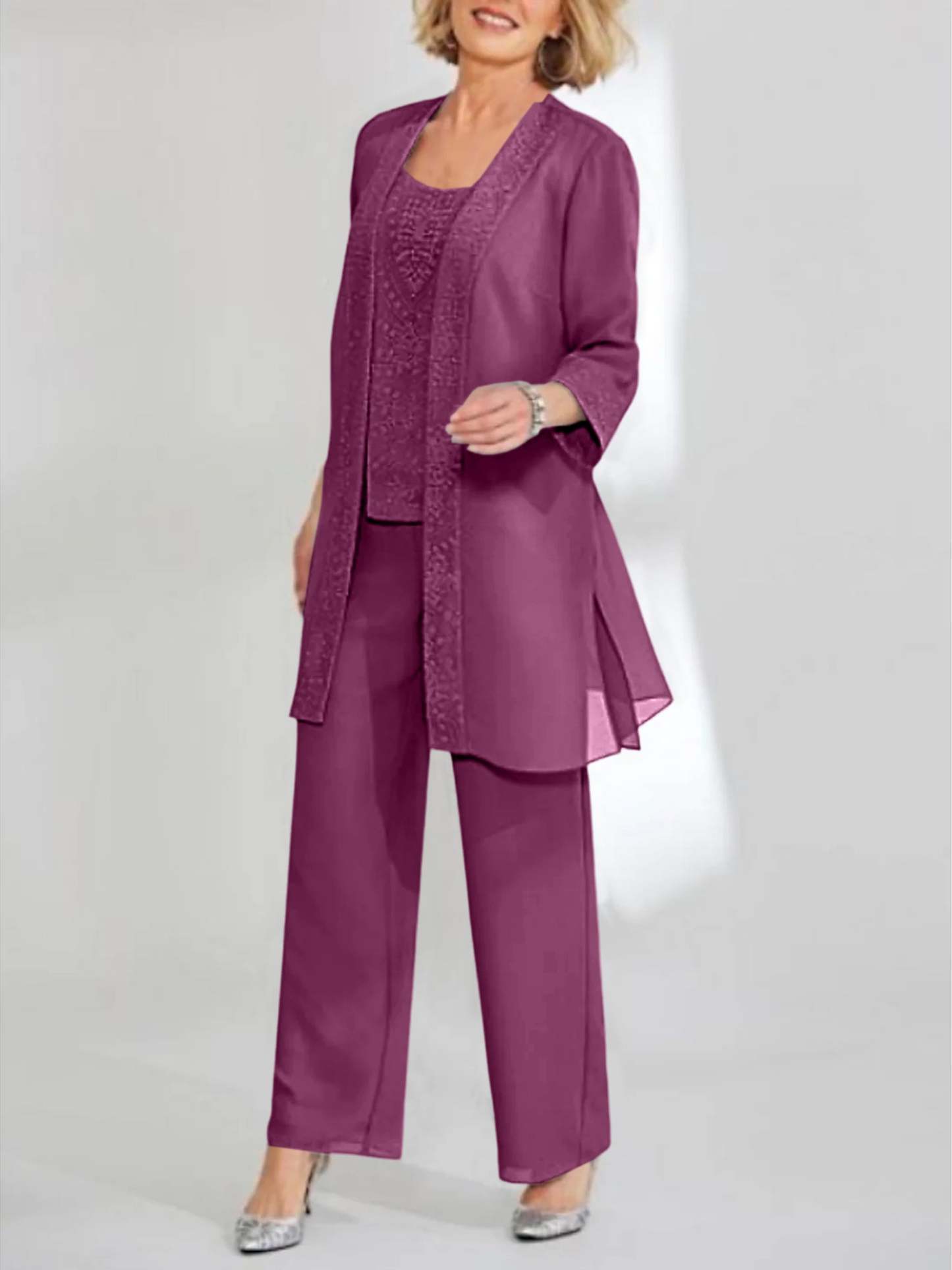 Ankle-Length Chiffon Mother of the Bride Pantsuit with Jacket in Scoop Style-LLELLA