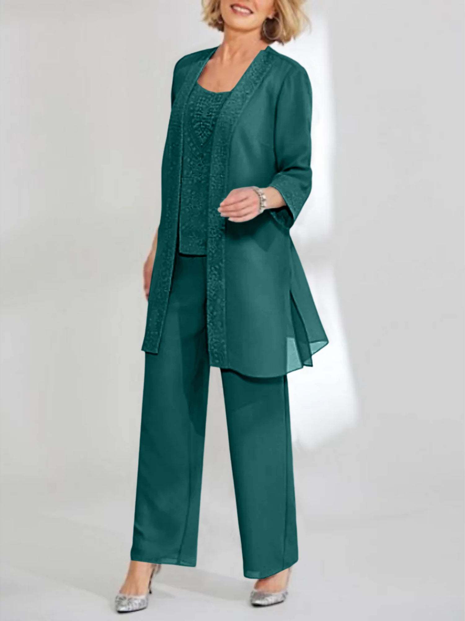 Ankle-Length Chiffon Mother of the Bride Pantsuit with Jacket in Scoop Style-LLELLA