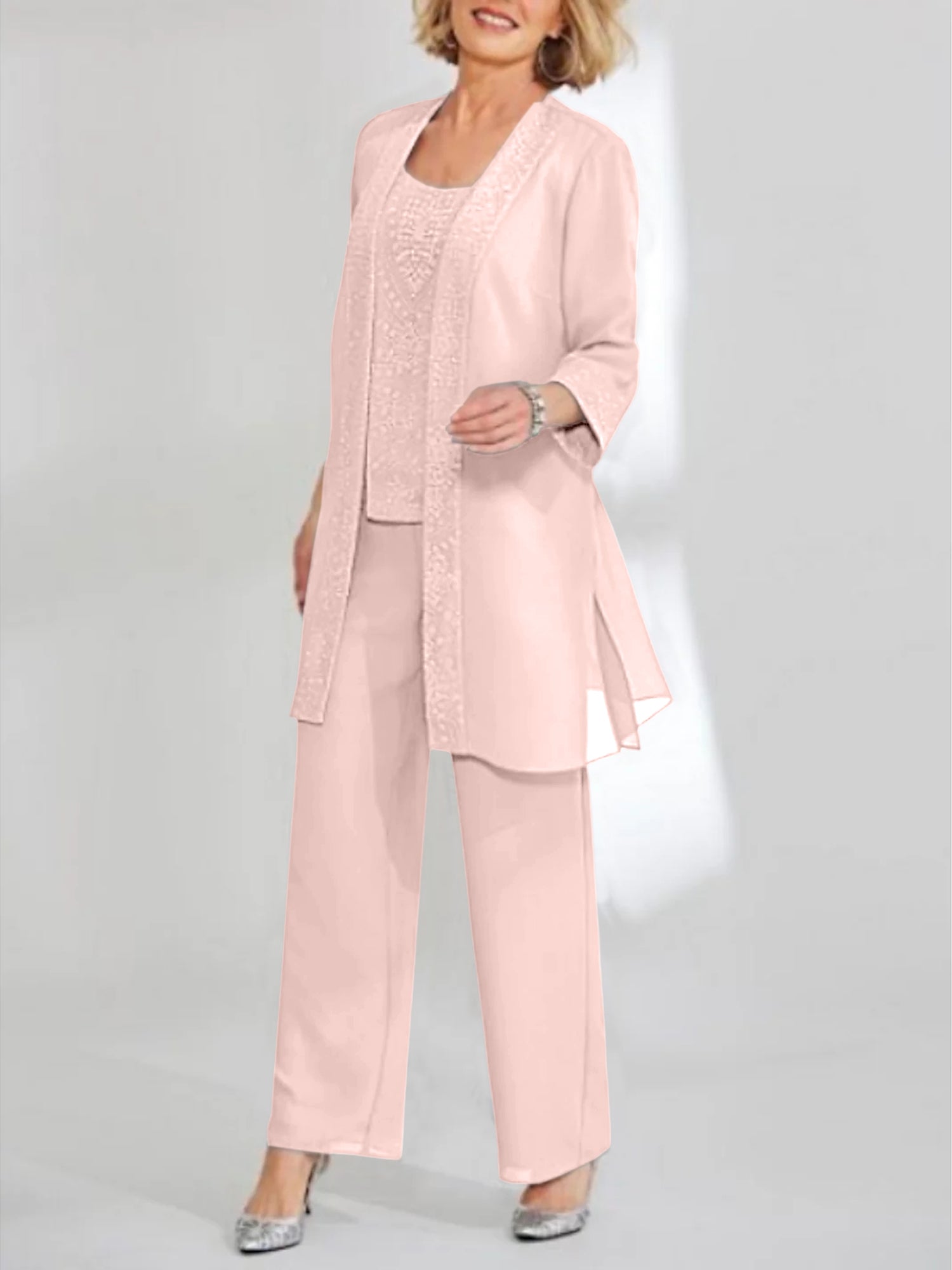 Ankle-Length Chiffon Mother of the Bride Pantsuit with Jacket in Scoop Style-LLELLA