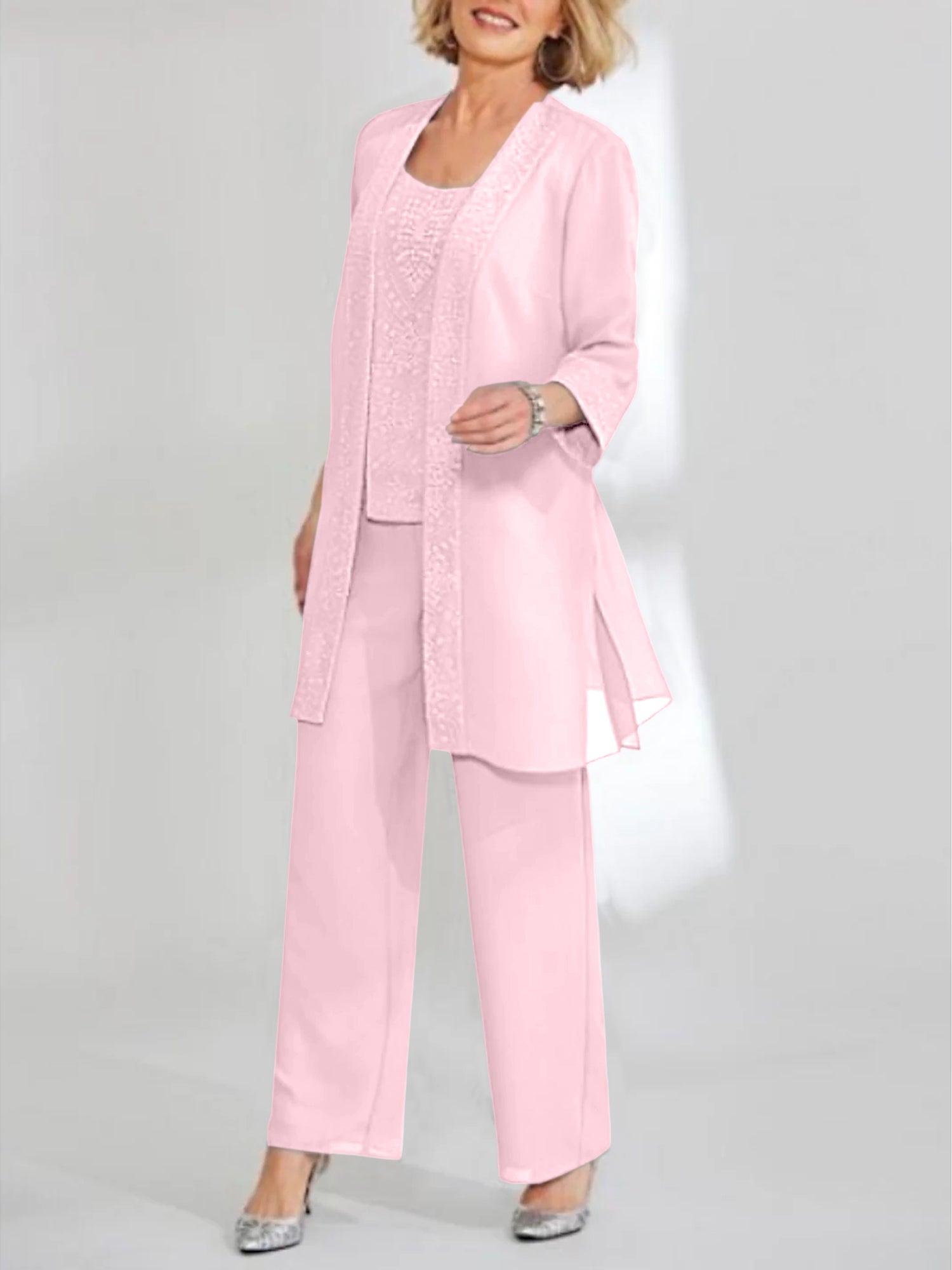 Ankle-Length Chiffon Mother of the Bride Pantsuit with Jacket in Scoop Style-LLELLA