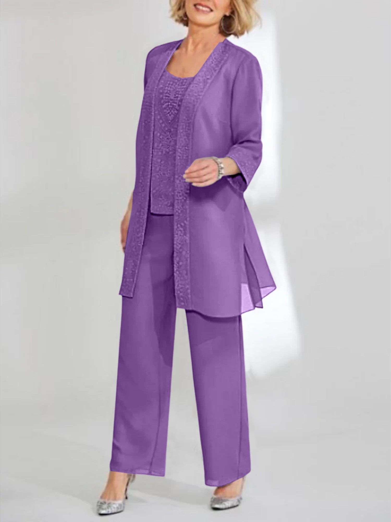 Ankle-Length Chiffon Mother of the Bride Pantsuit with Jacket in Scoop Style-LLELLA