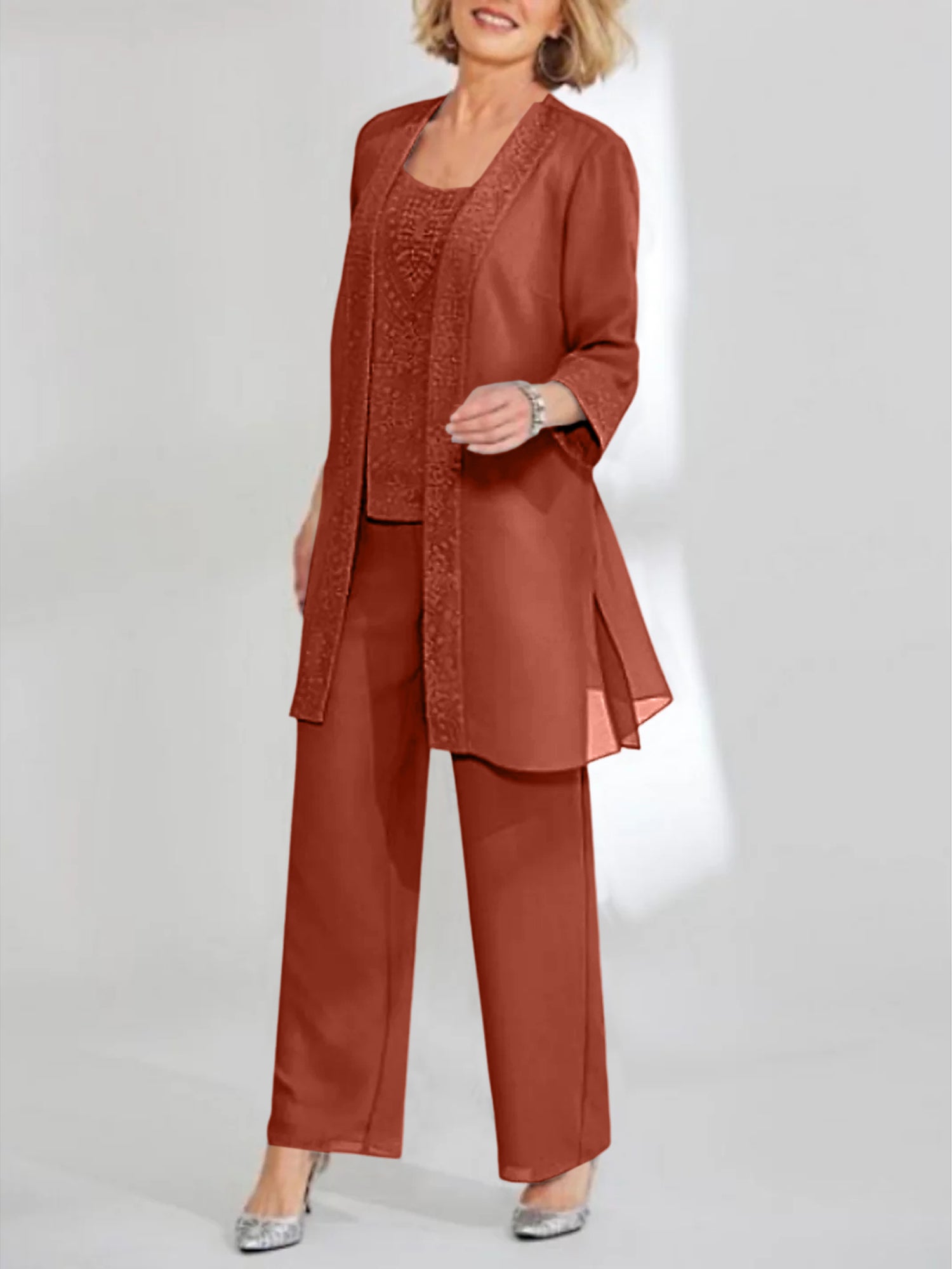 Ankle-Length Chiffon Mother of the Bride Pantsuit with Jacket in Scoop Style-LLELLA